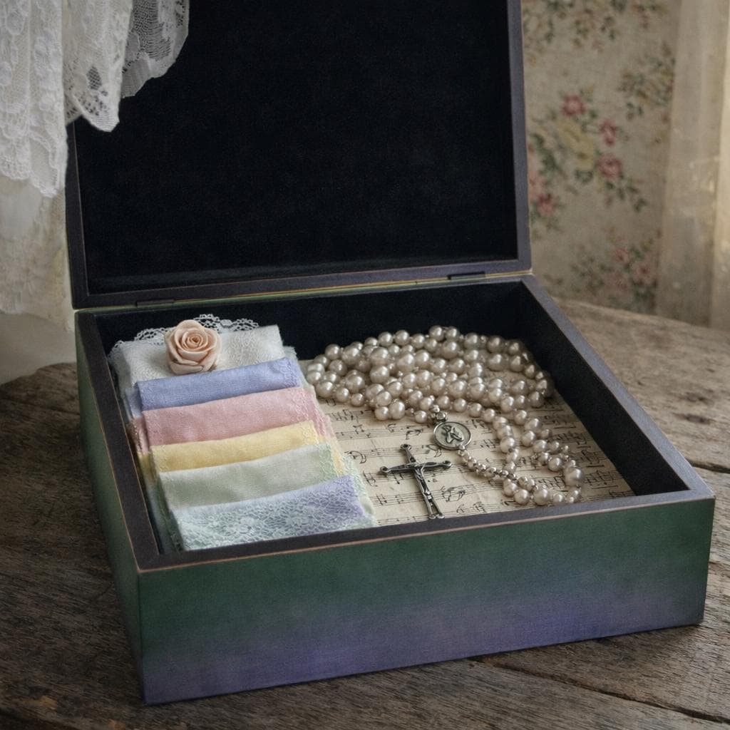 The Vintage Violette Label Keepsake Box,Jewelry chest, For Rosaries, Hankies, letters. Storage gift Box