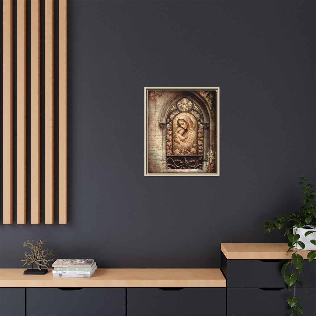 Gothic Window Madonna and Child Stained Glass Print Matte Canvas, Framed
