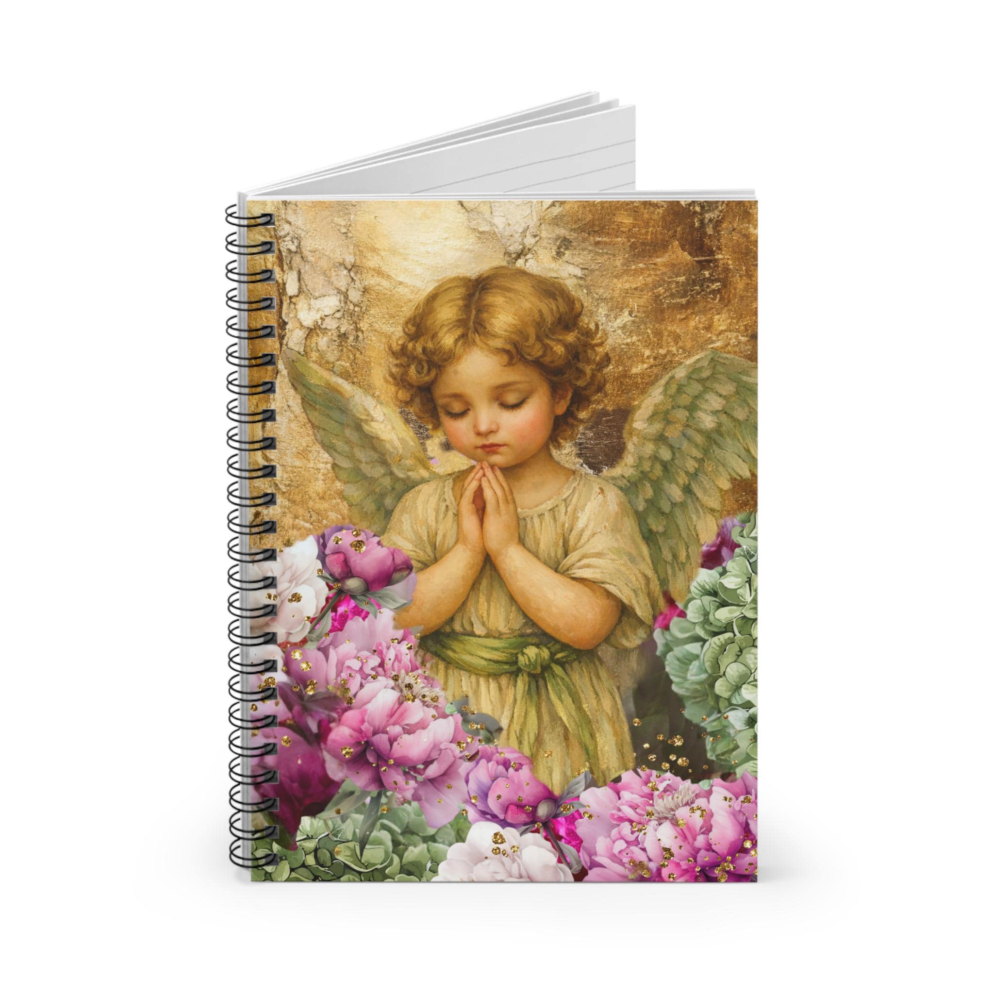 Praying Cherub Angel Spiral Notebook | Floral Ruled Journal