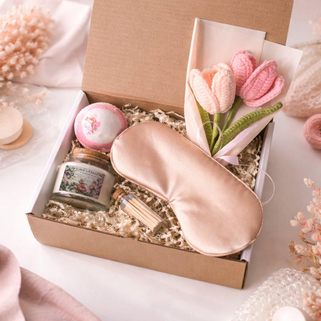 Mother’s Day Serenity Gift Set: Sage Candle, Bath Bomb, Sleep Mask, Crochet Bouquet