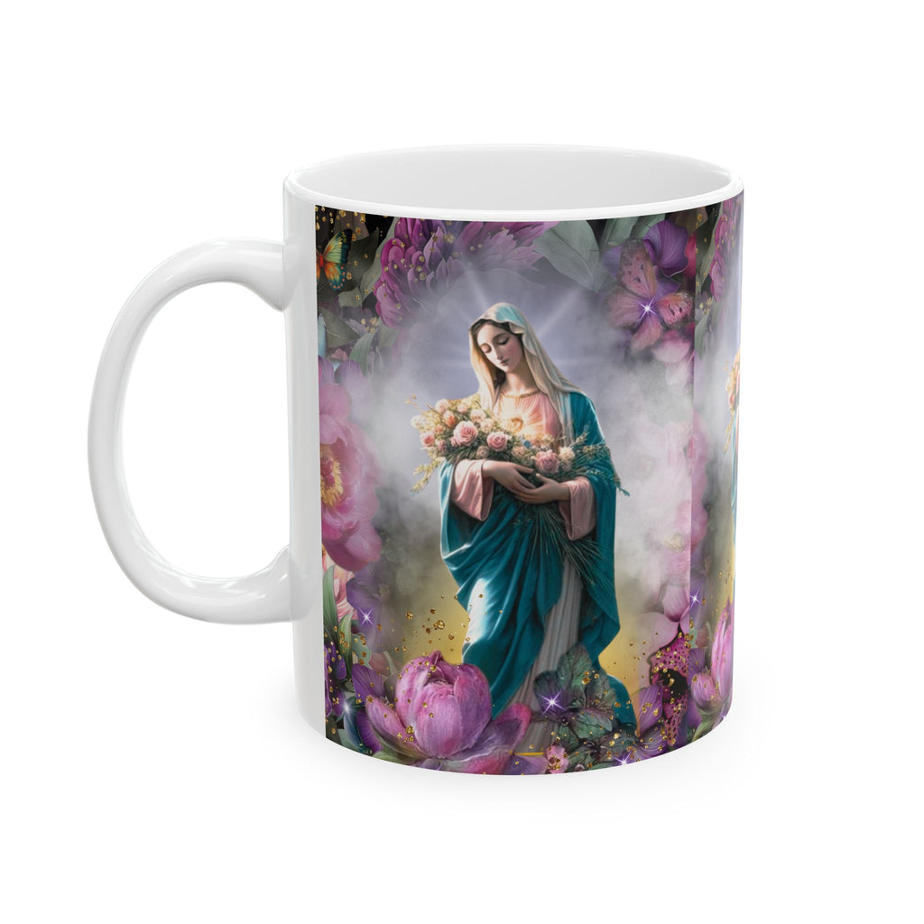 Virgin Mary Bouquet Mug | Religious Floral Coffee Cup