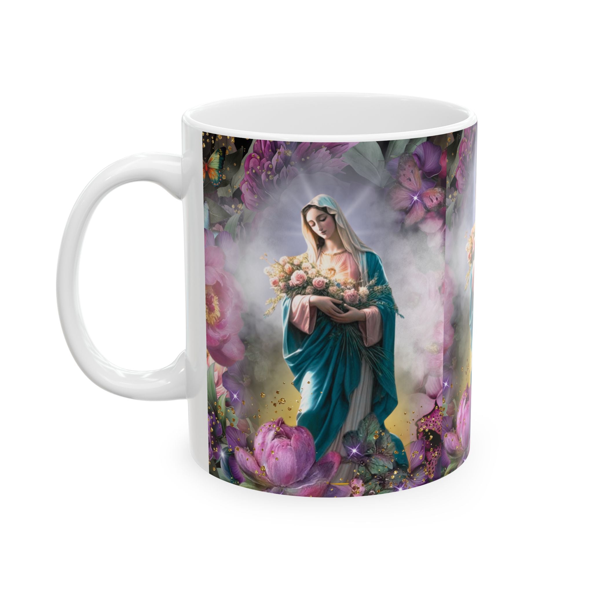Virgin Mary Bouquet Mug | Religious Floral Coffee Cup