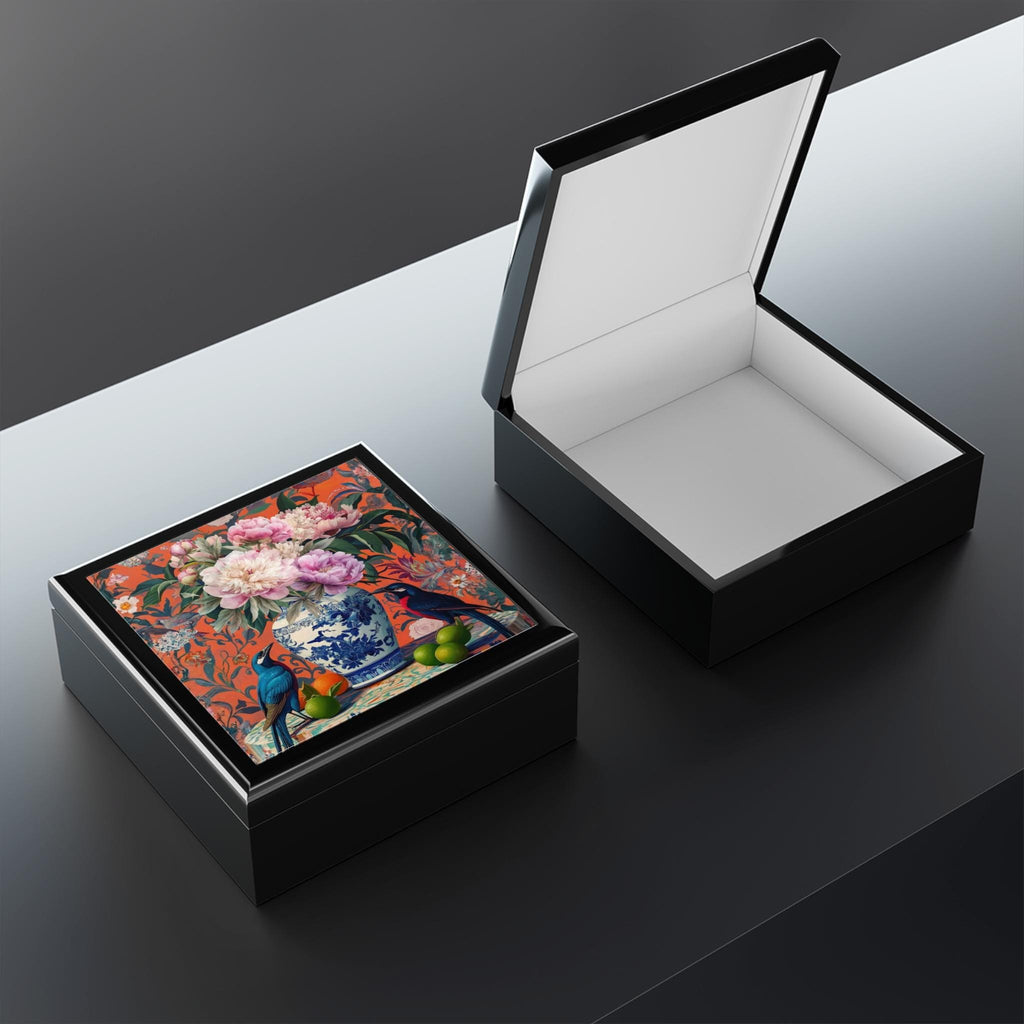 Chinoiserie Garden Jewelry Box, Pink Coral Blue Trinket Case