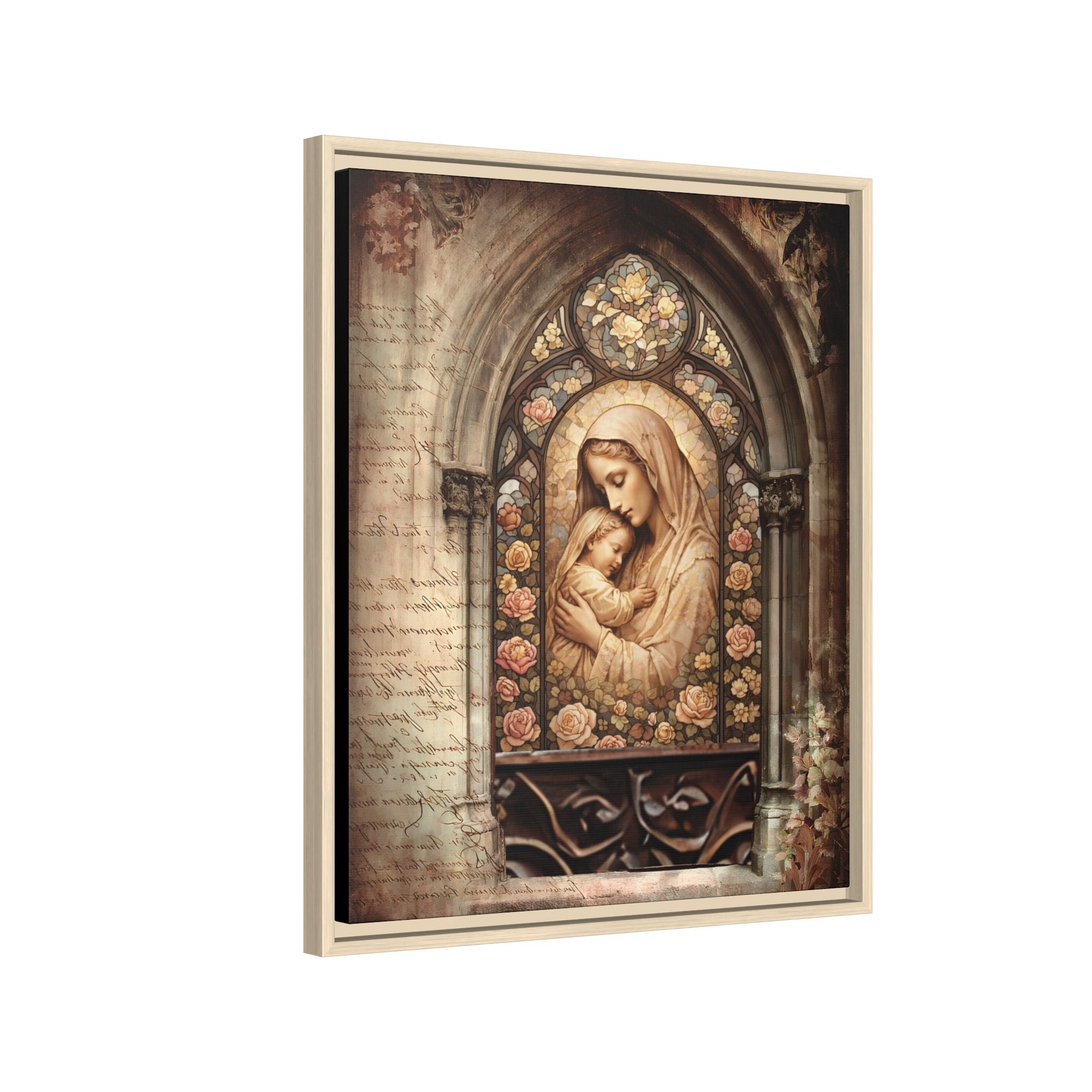 Gothic Window Madonna and Child Stained Glass Print Matte Canvas, Framed