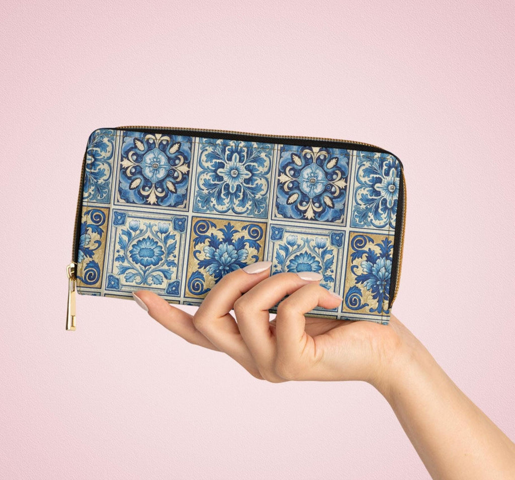 Portuguese Tile Vegan Leather Wallet • Blue Floral Pattern Clutch