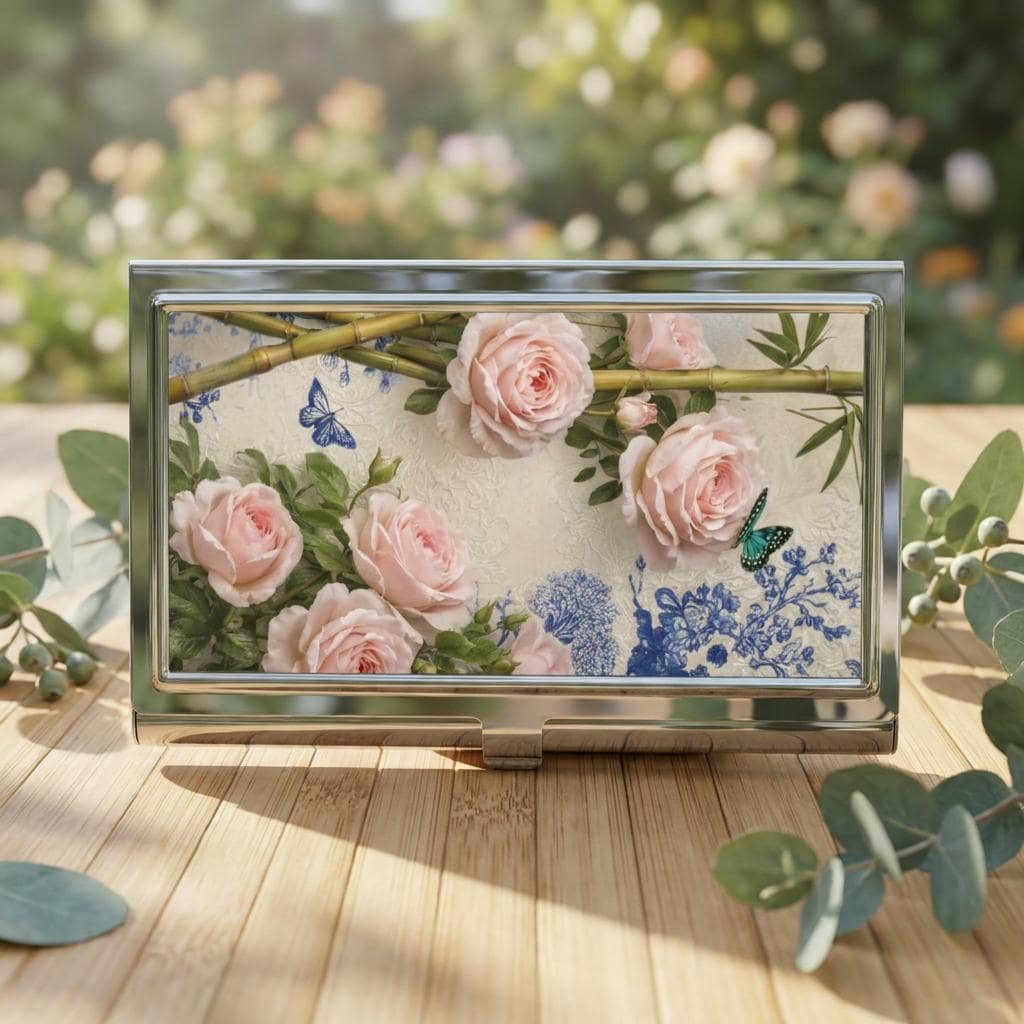 Pink Rose Floral Business Card Holder | Butterfly Botanical Metal Case