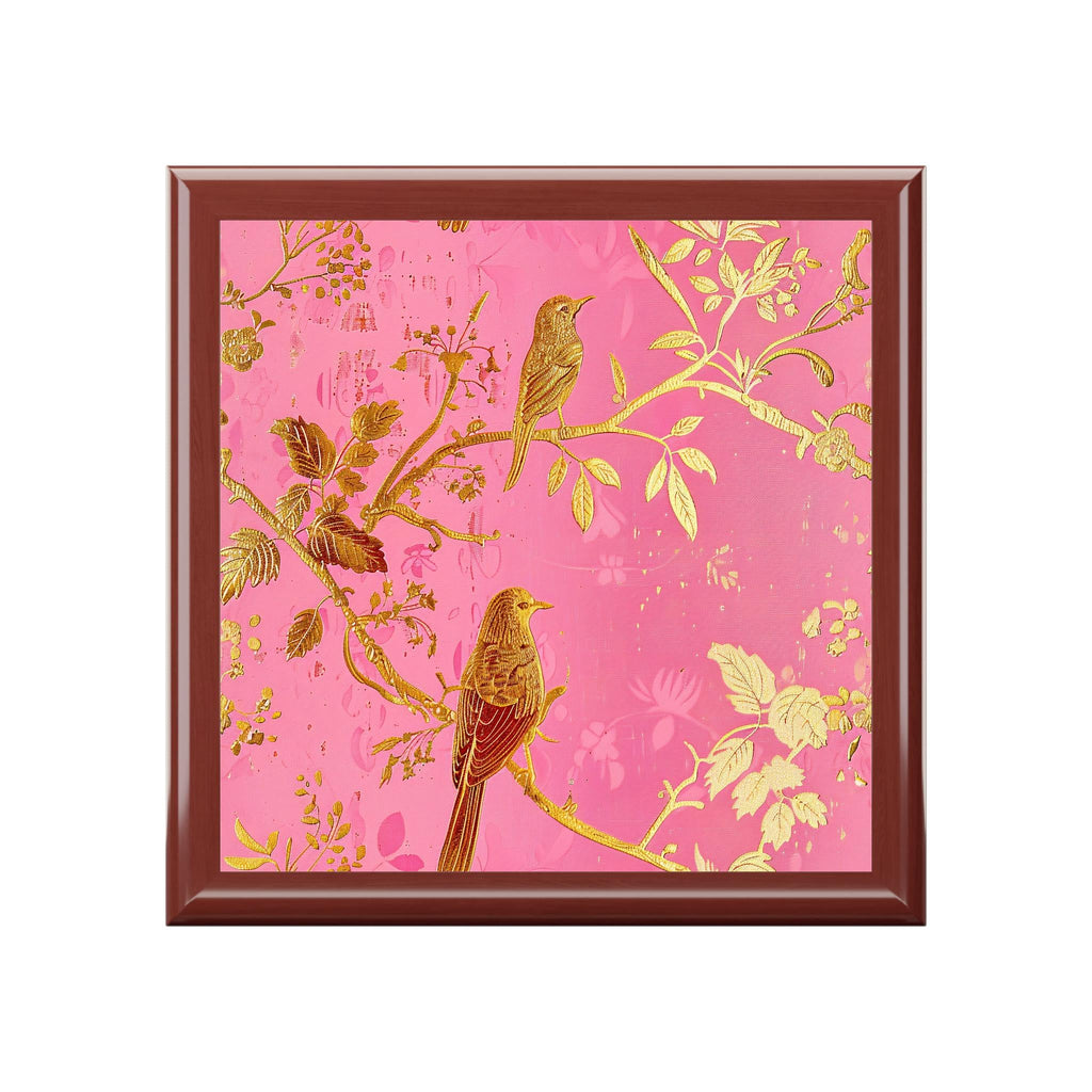 Gold Bird Branch floral jewelry box | pink lacquer keepsake