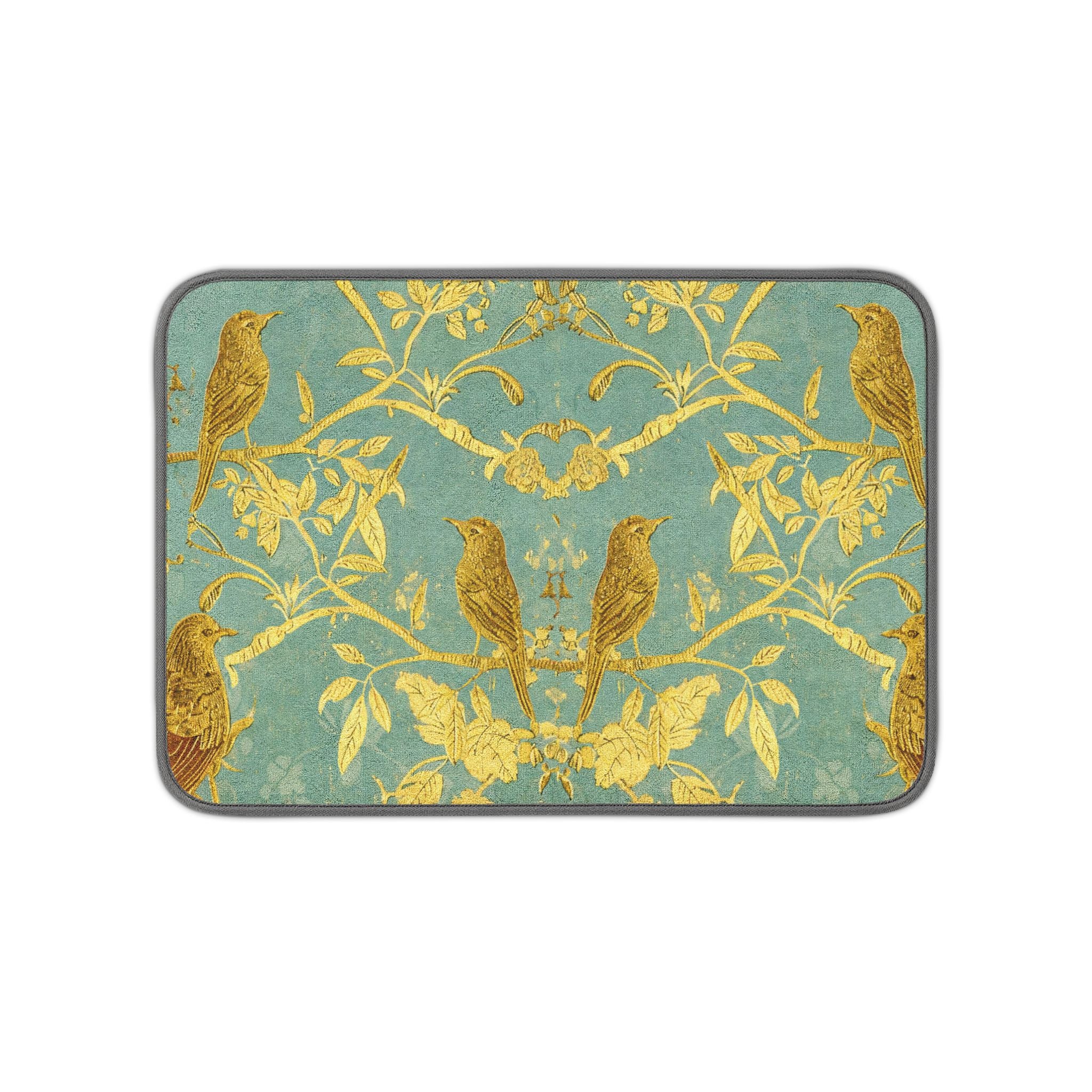Gold Bird Vine Pattern Microfiber Kitchen Dish Mat Celedon Green
