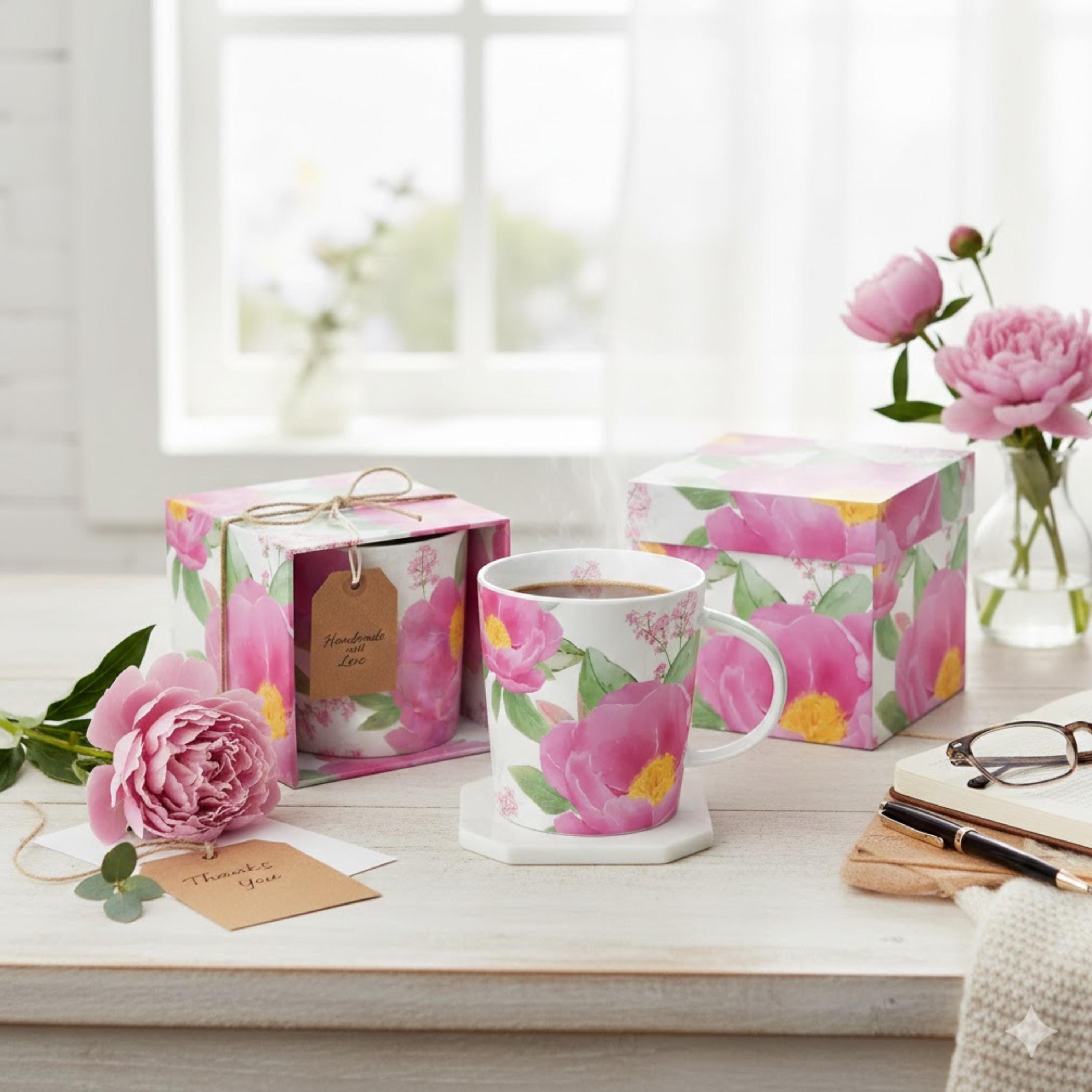 Pink Peony Mug and Gift Box Set – Floral Coffee Cup Gift