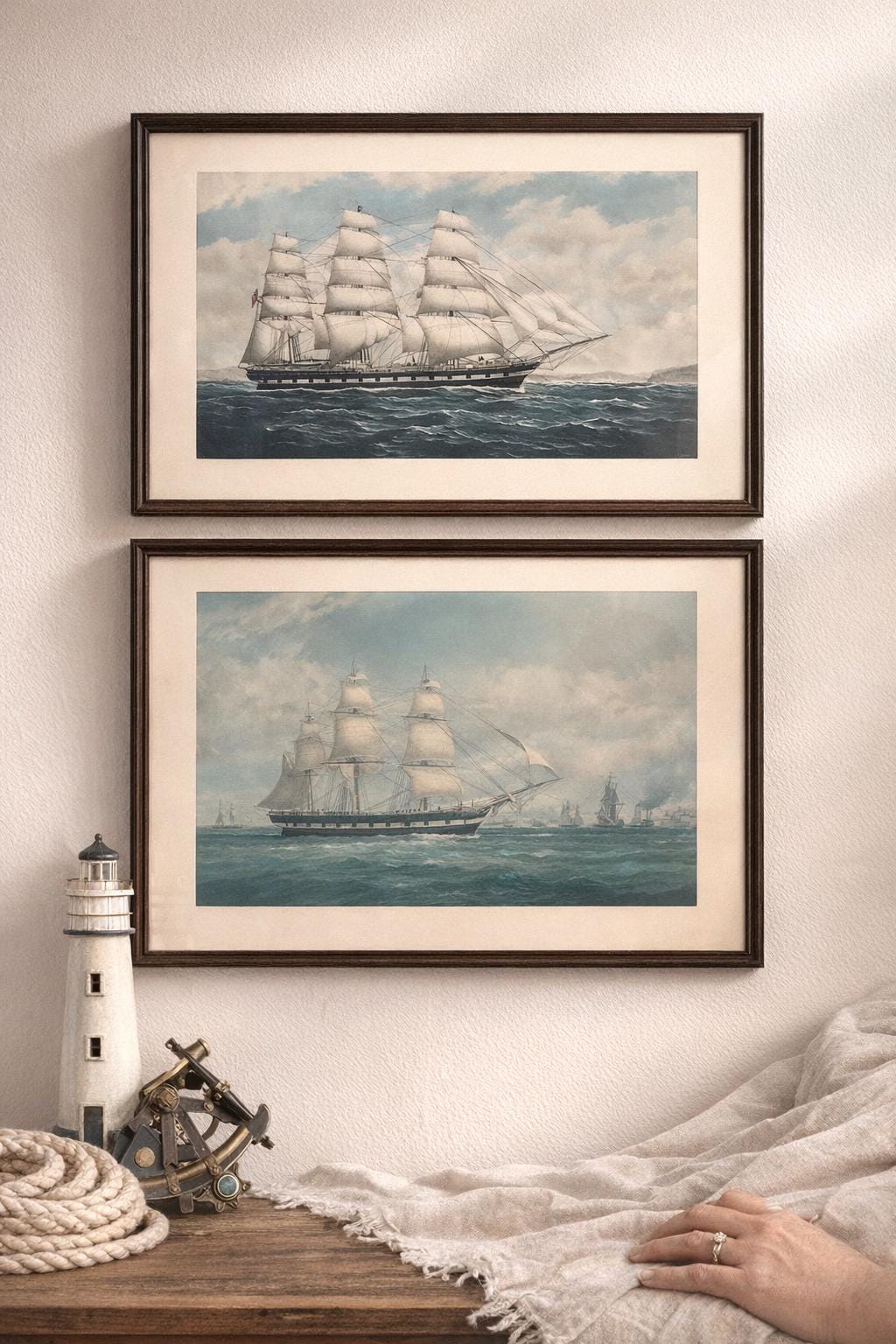 Rare Nautical Ship Prints by F. Tudgay – Wool Clipper Ships, Vintage Framed Maritime Art, Set of 2, Glass Frames 16x11