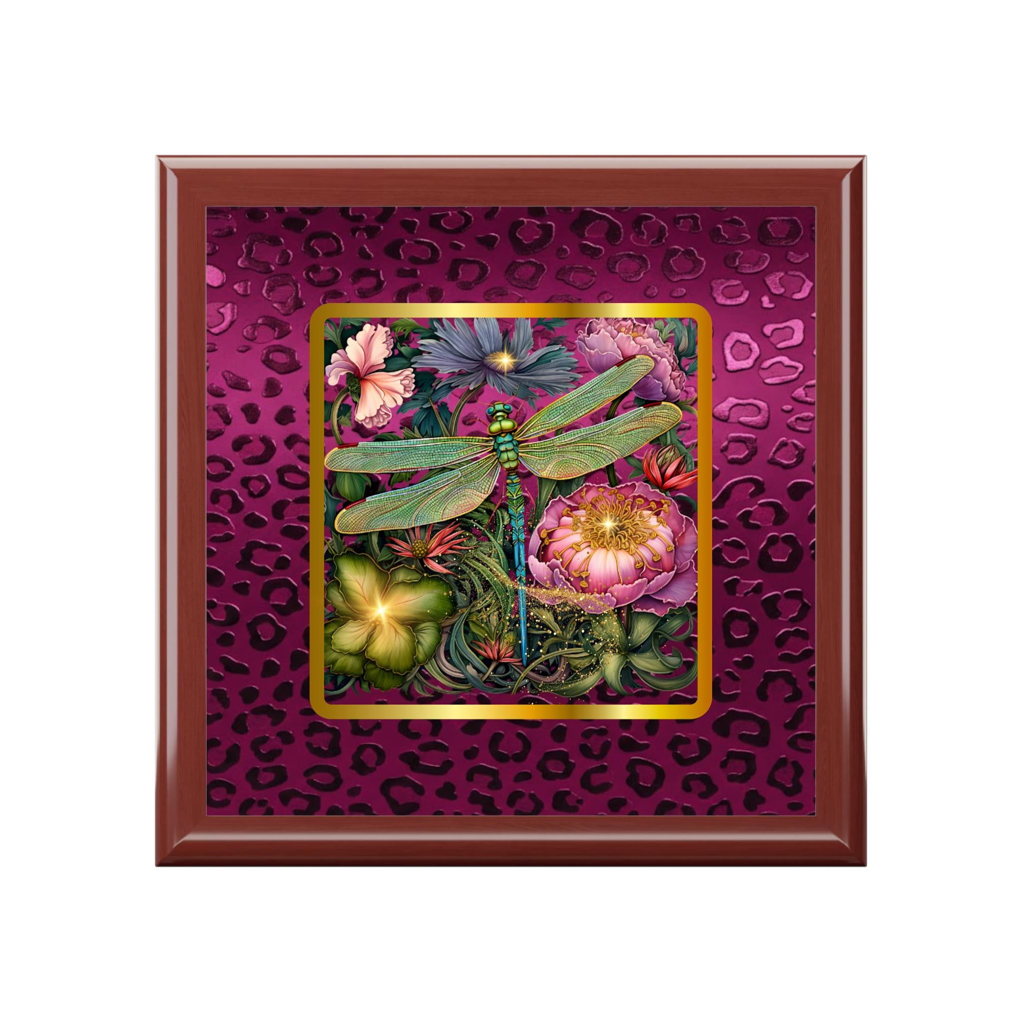 Magenta Leopard & Botanical Dragonfly Jewelry Box | Keepsake Vanity Organizer