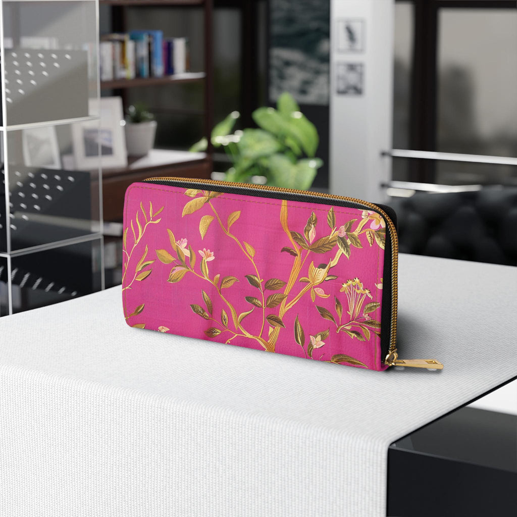 Gold Floral Vines Zipper Wallet | Pink Botanical Zip Wallet