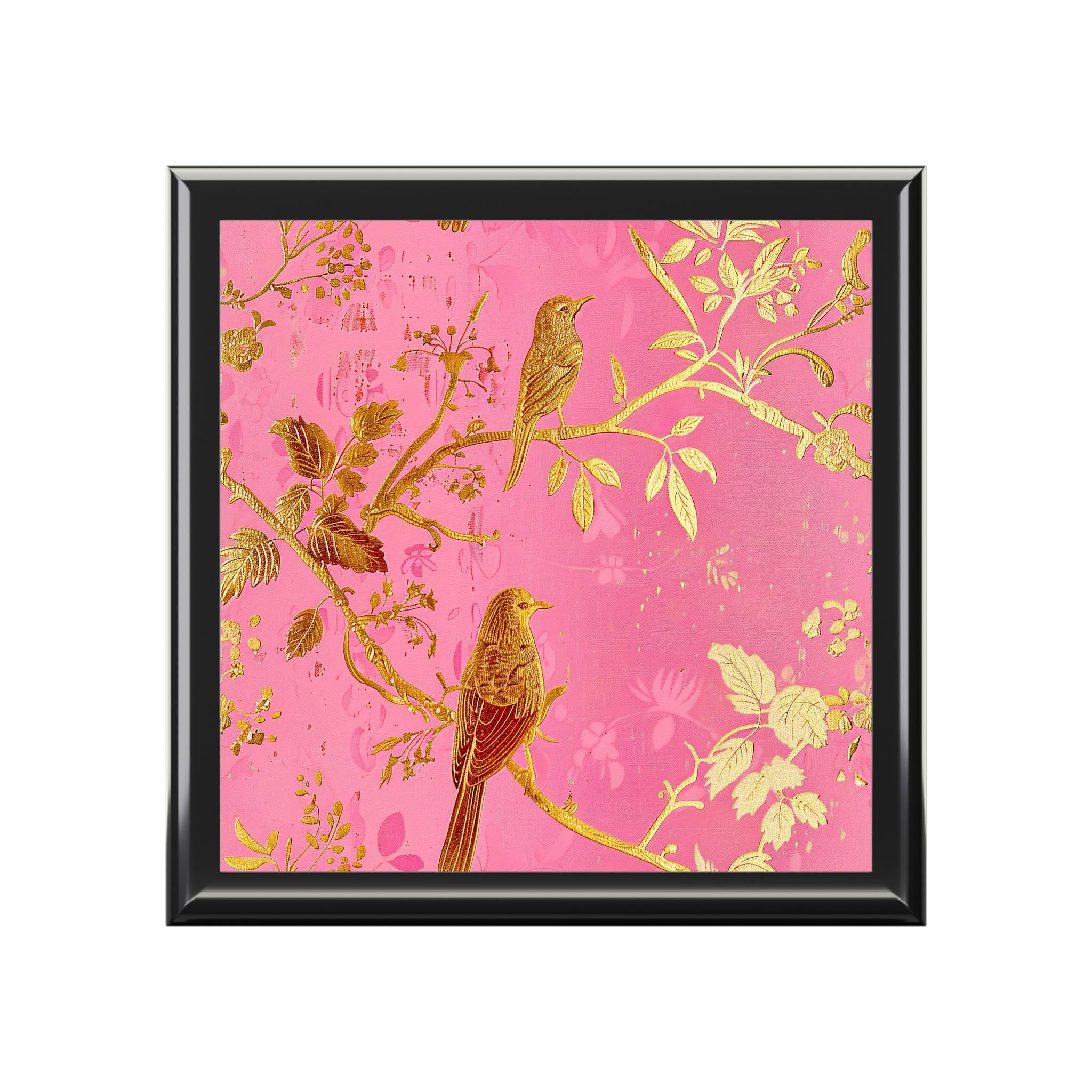 Gold Bird Branch floral jewelry box | pink lacquer keepsake