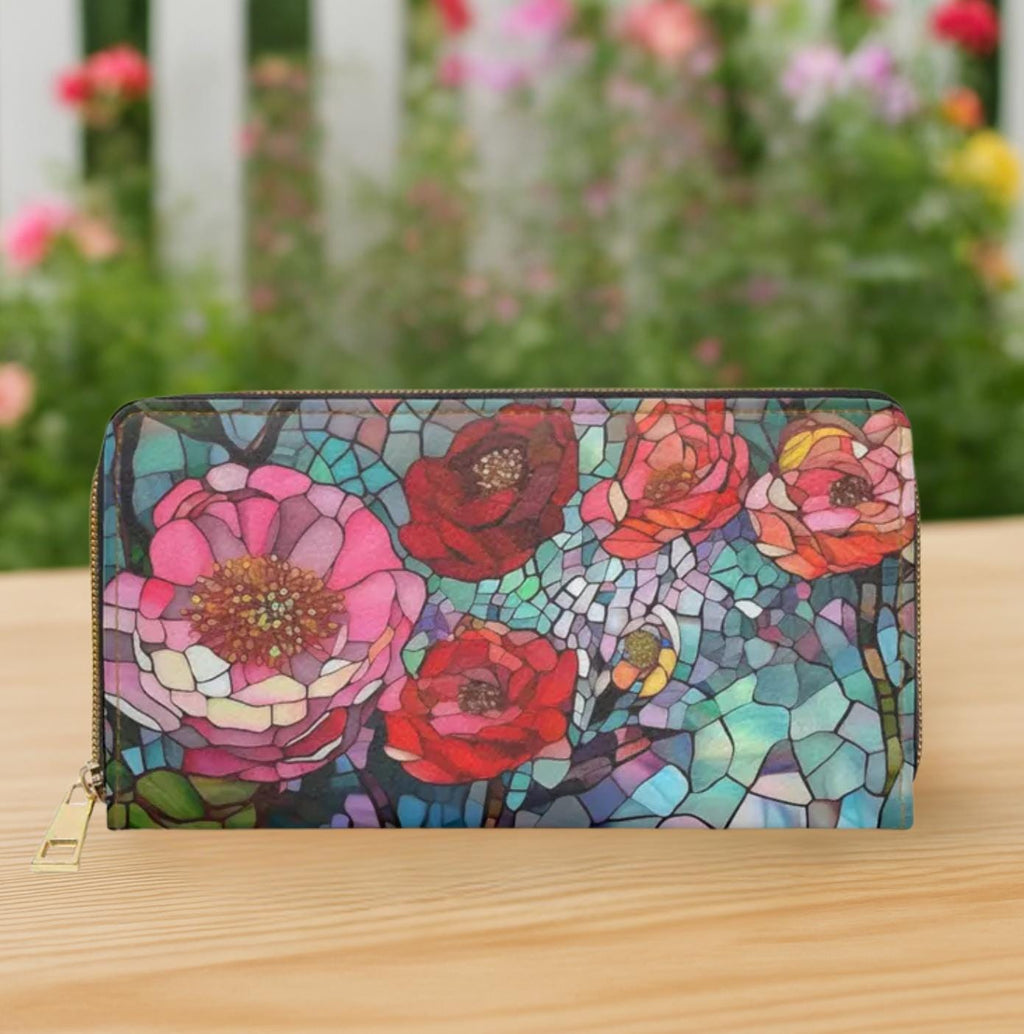 Mosaic Floral Wallet • Vegan Leather Zipper Clutch