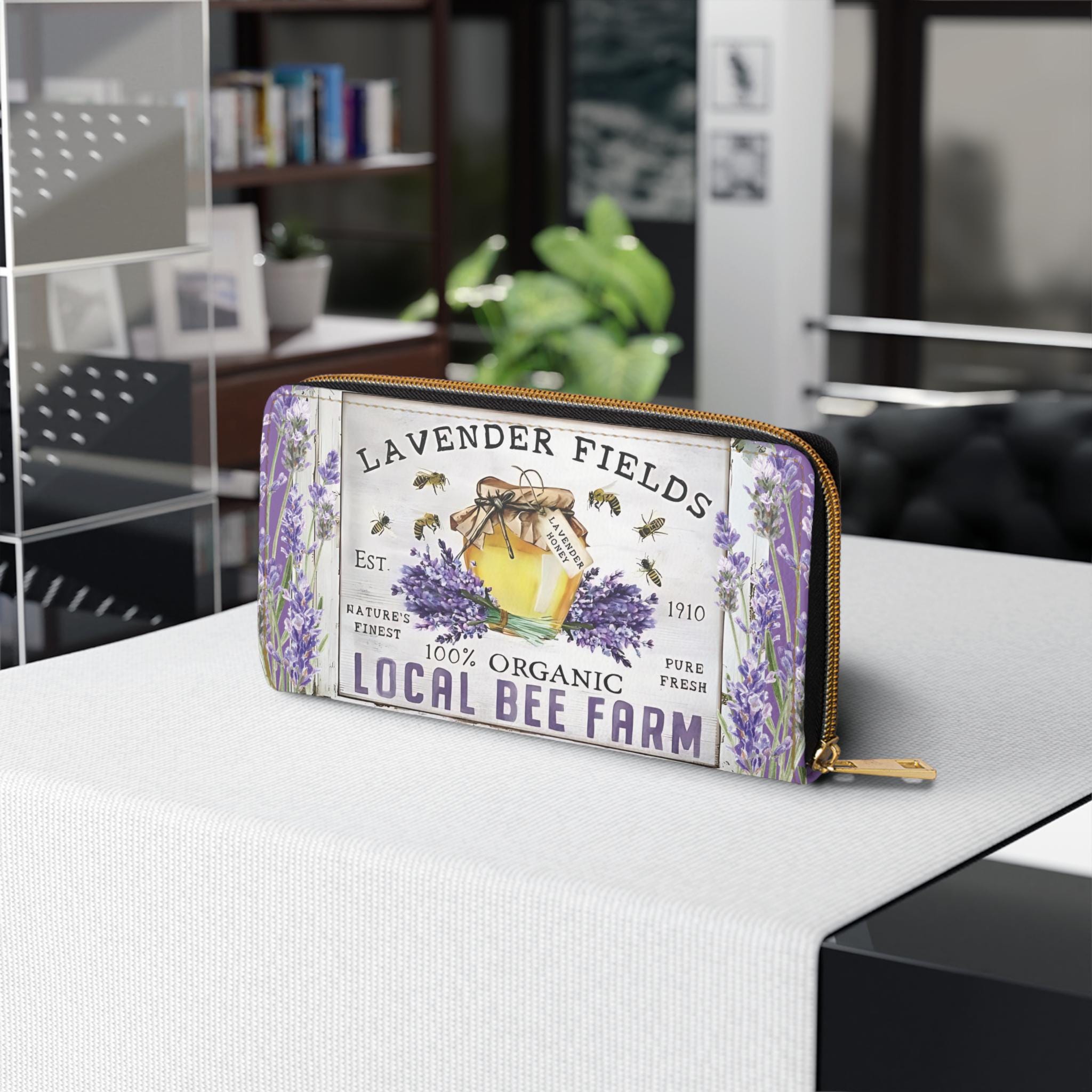 Botanical Lavender & Honey Bee Wallet, Zipper Women's clutch, Coin Purse