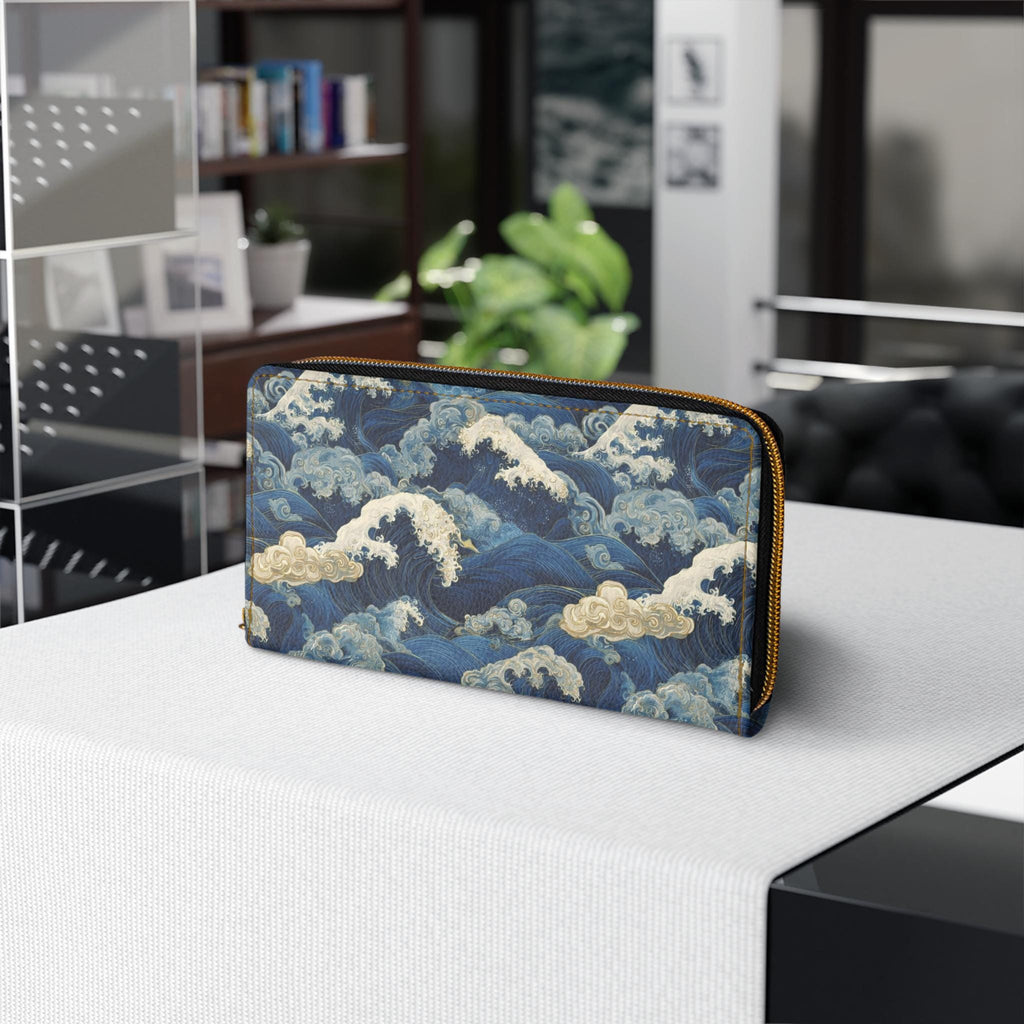 Japanese Wave Art Zipper Wallet, Bold Sumi e Ocean Clutch Accessory
