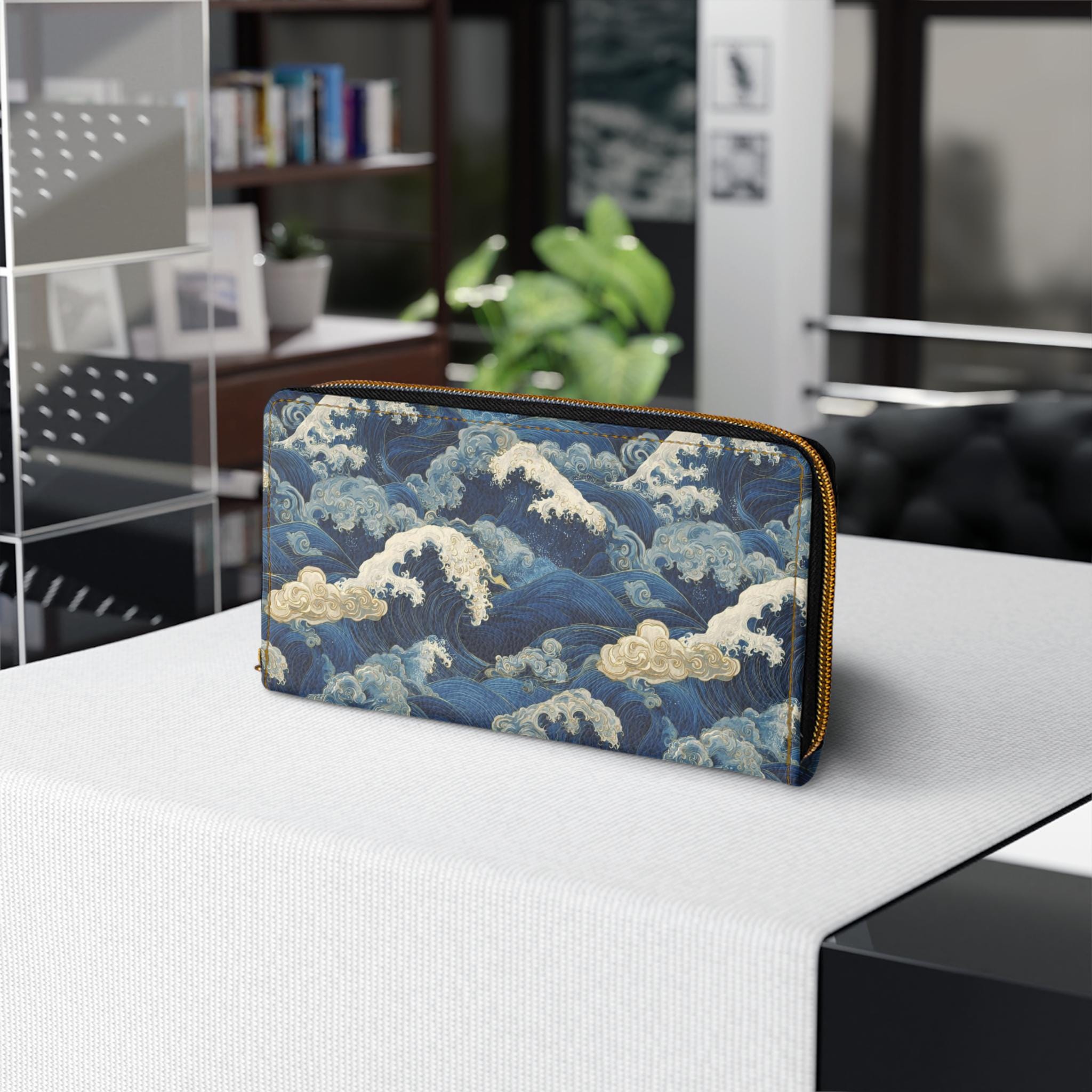 Japanese Wave Art Zipper Wallet, Bold Sumi e Ocean Clutch Accessory