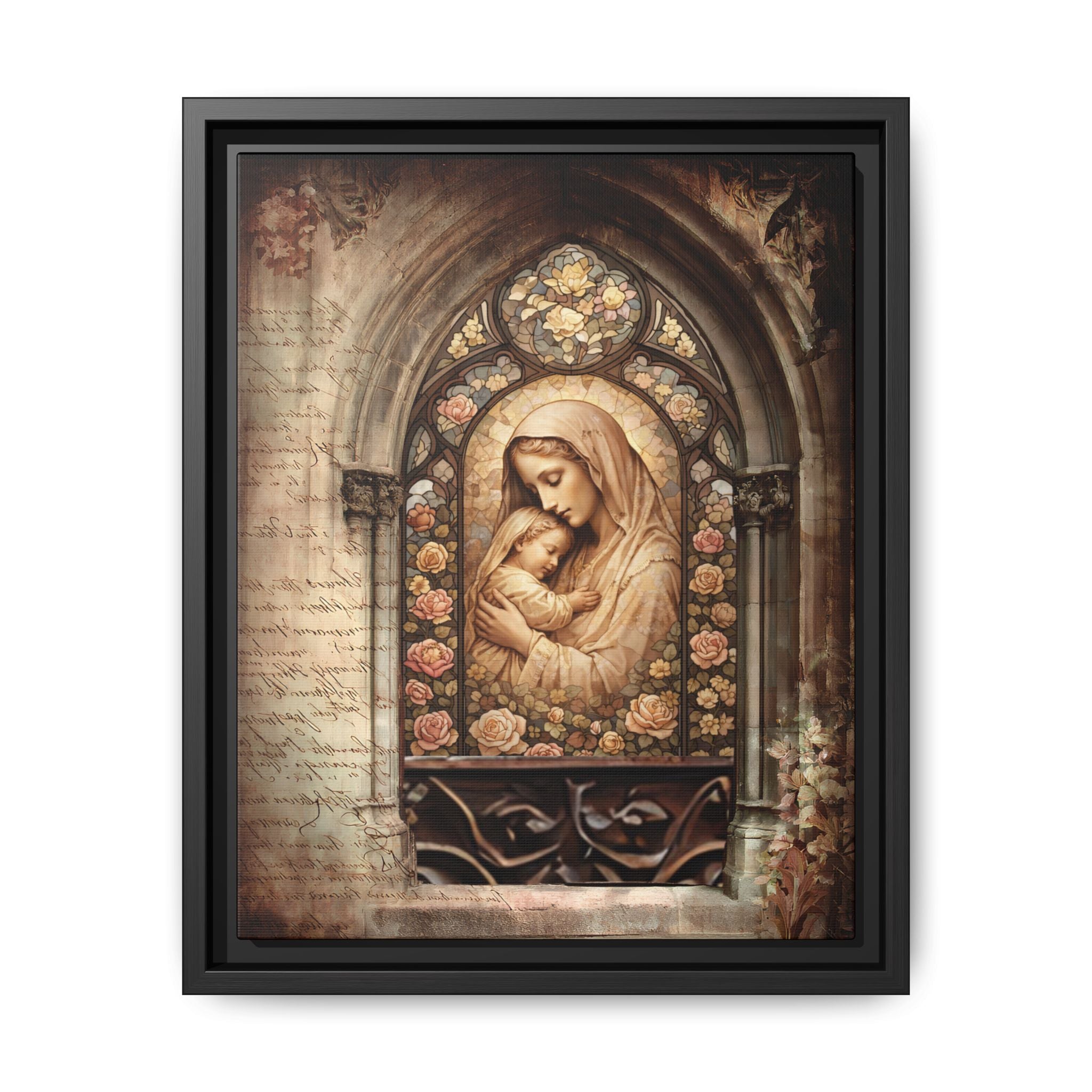 Gothic Window Madonna and Child Stained Glass Print Matte Canvas, Framed
