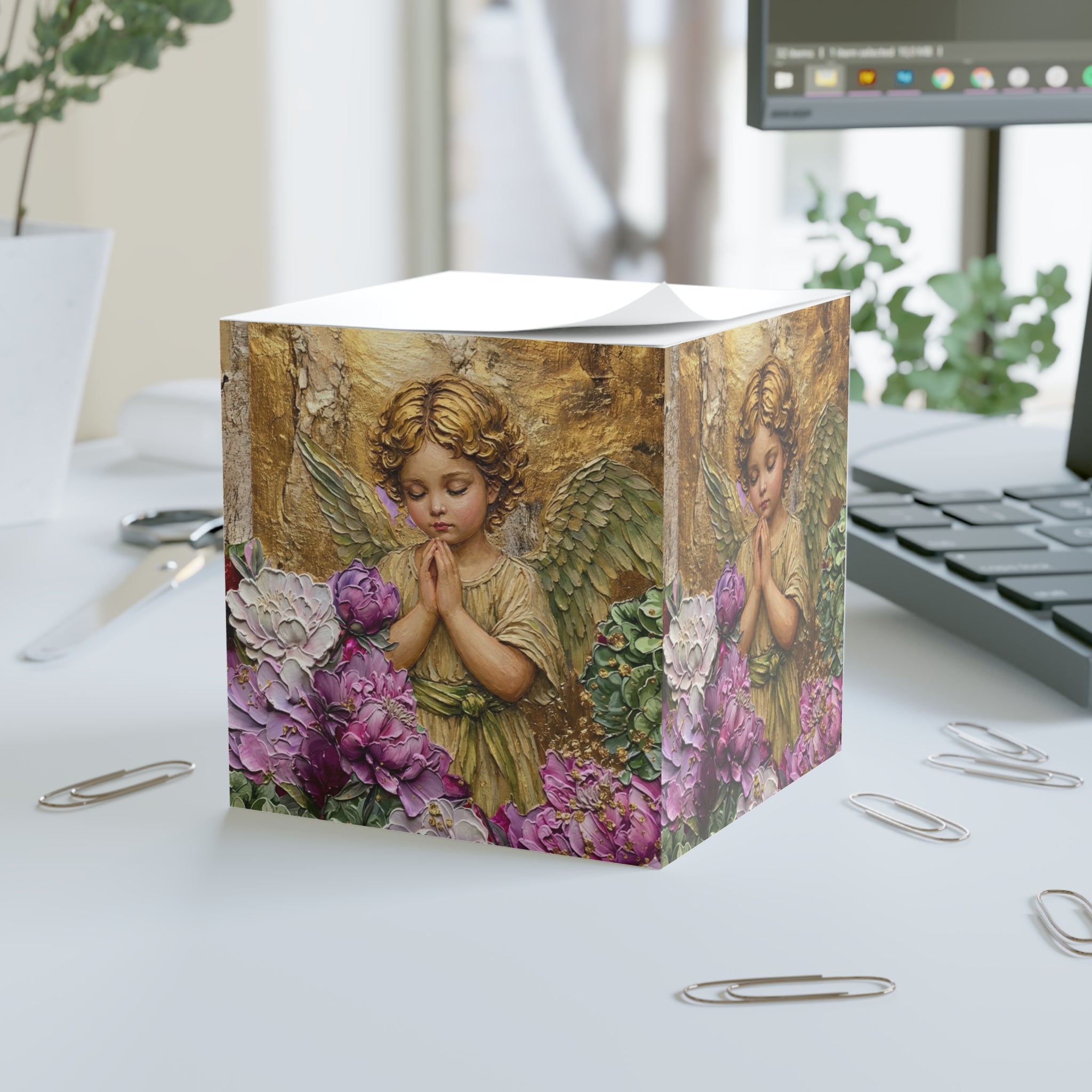 Peonies Angel Textured Memo Pad Note Cube | Painted Floral Stationery
