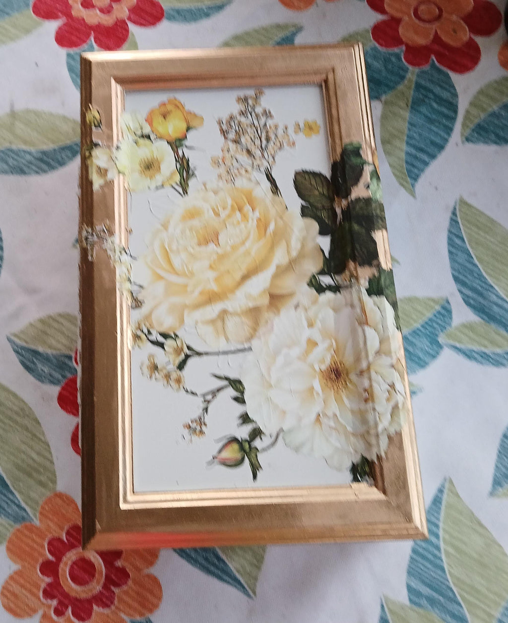 Refurbished Oak Jewelry Box • Cream & Yellow Botanical Keepsake Jewellery Chest