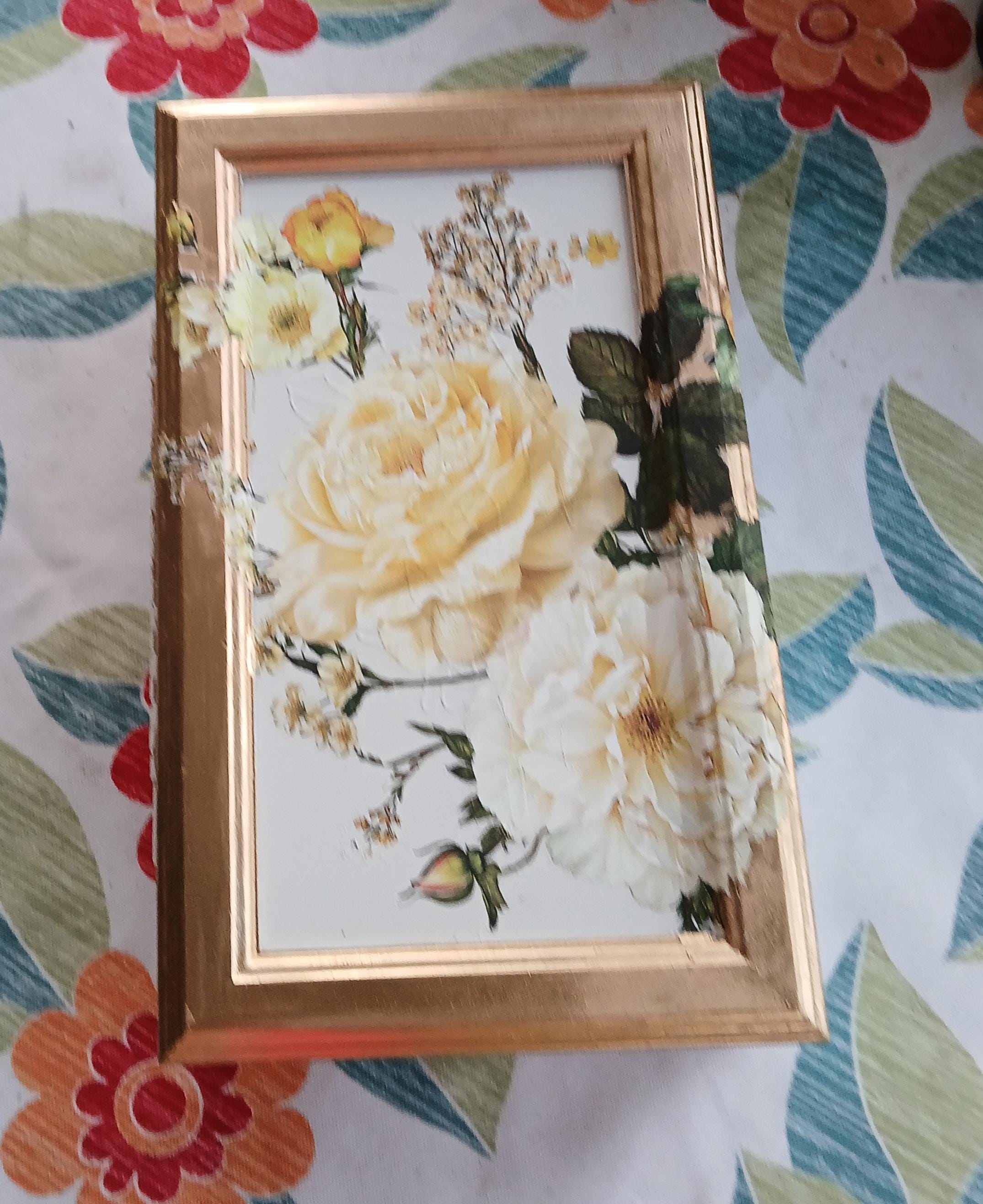 Refurbished Oak Jewelry Box • Cream & Yellow Botanical Keepsake Jewellery Chest