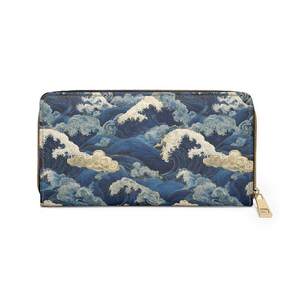 Japanese Wave Art Zipper Wallet, Bold Sumi e Ocean Clutch Accessory