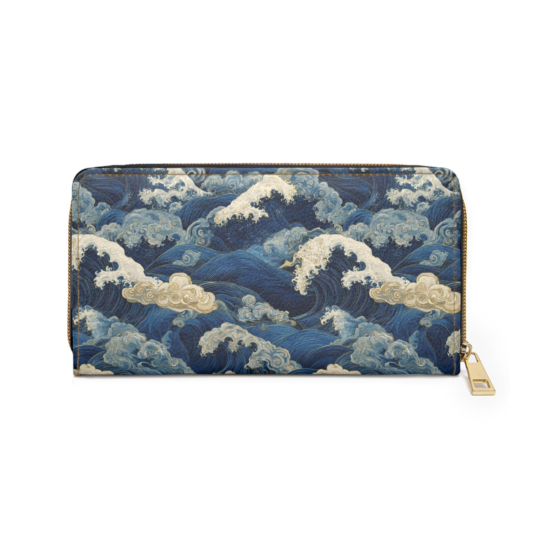 Japanese Wave Art Zipper Wallet, Bold Sumi e Ocean Clutch Accessory