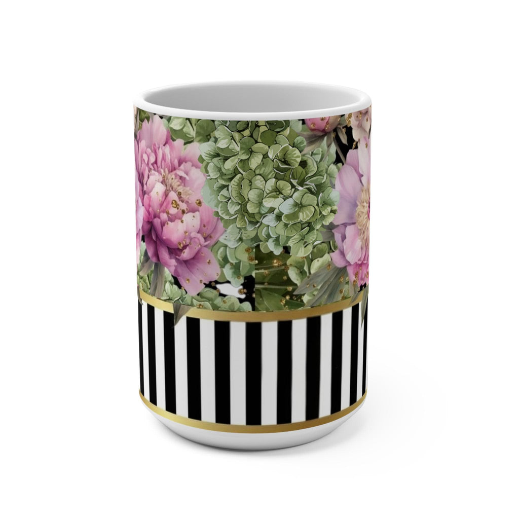 Pink Peonies with Hydrangea 15 oz Mug | Black White Stripe Accent | Victorian Botanical CUP