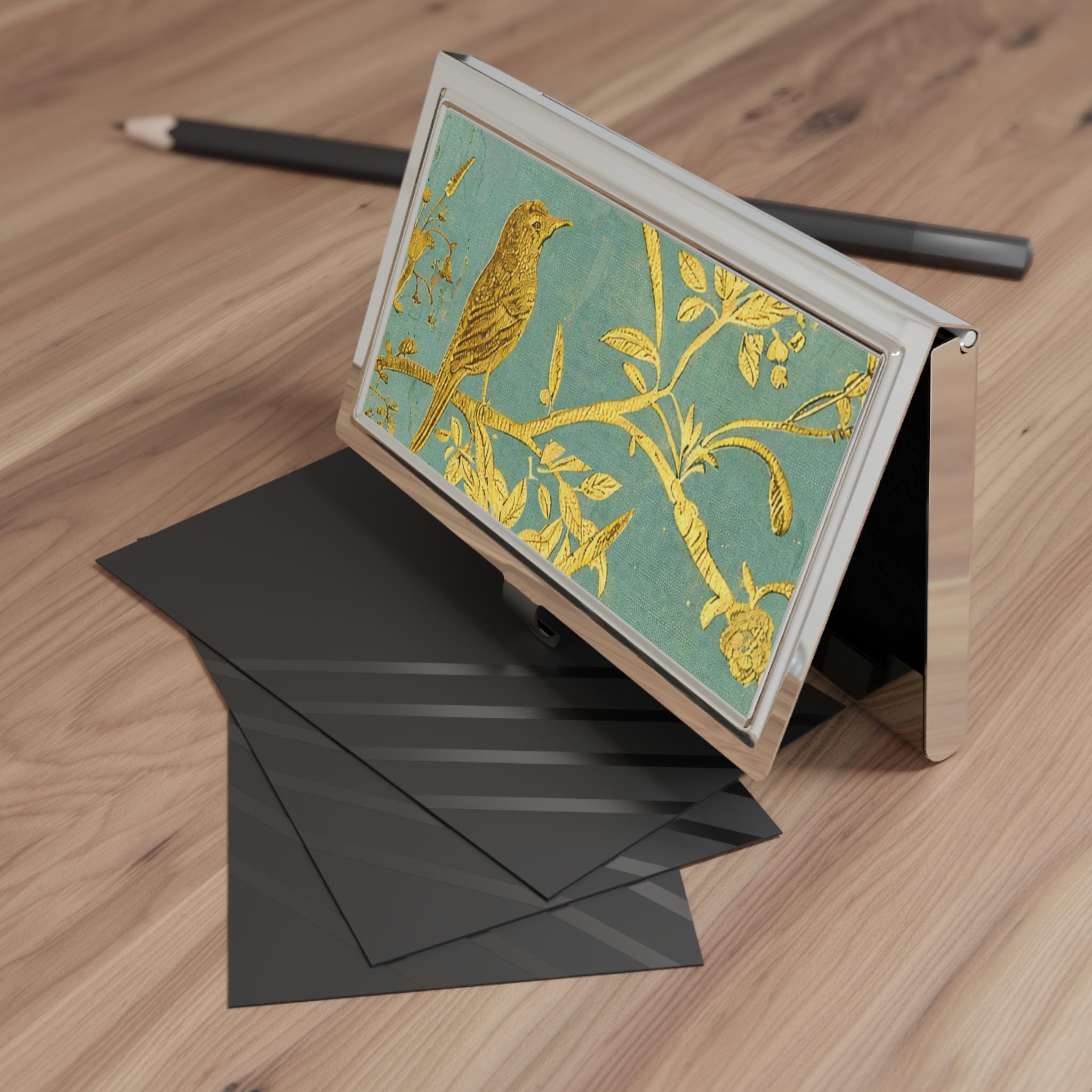 Gold Bird Branch Business Card Holder | Teal Floral Metal Case