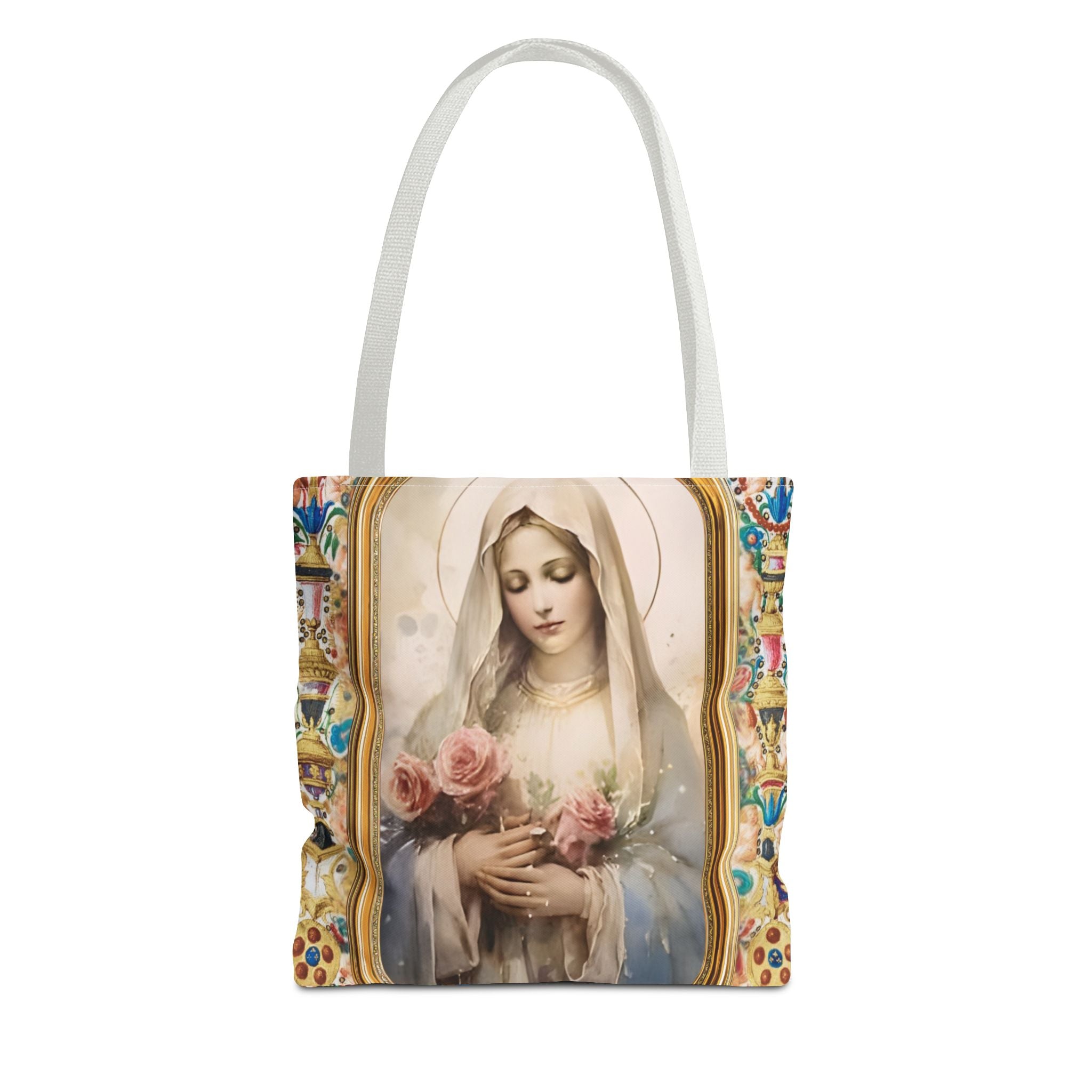 Virgin Mary portrait Tote Bag | Religious Madonna illustration, roses
