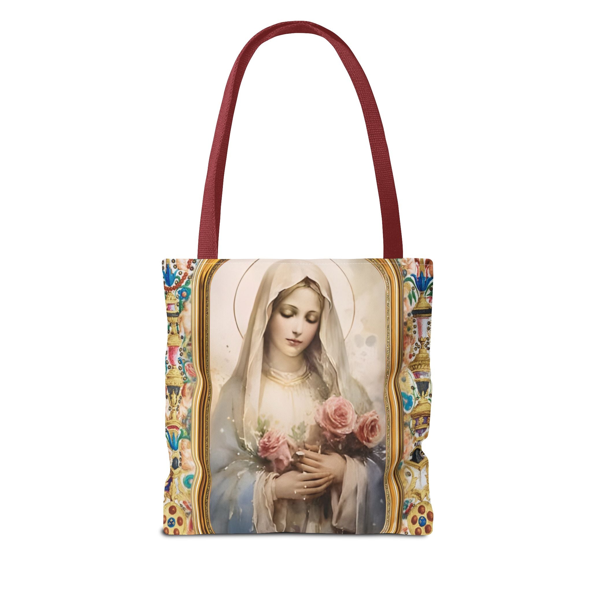 Virgin Mary portrait Tote Bag | Religious Madonna illustration, roses