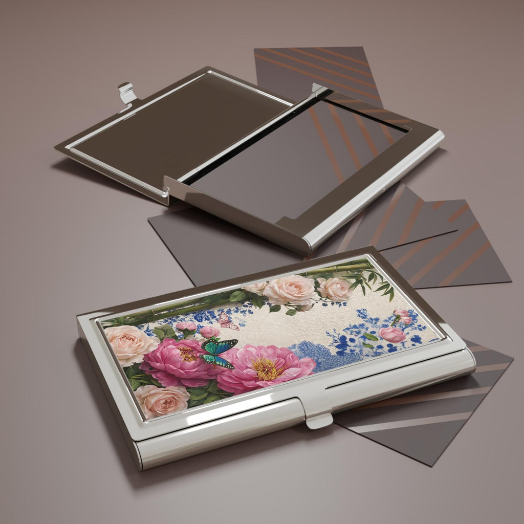 Pink Peonies and Butterfly Business Card Holder | Floral Metal Case