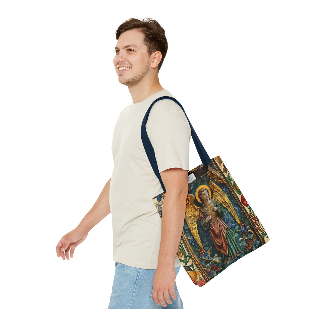 Medieval Manuscript Angel Tote | Ornate Religious Artwork, AOP Shoulder Bag Gift for Catholic