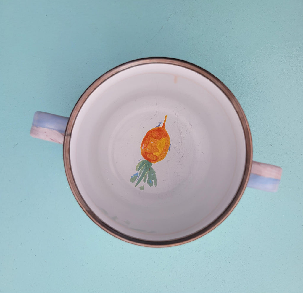 McKenzie Childs Pastel Striped Enamel Double Handle 8 Oz Cup