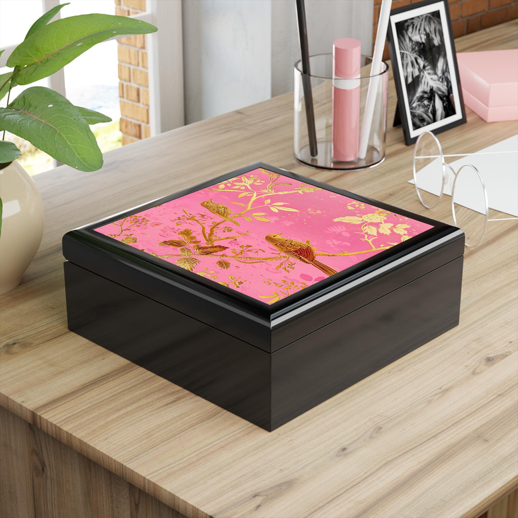Gold Bird Branch floral jewelry box | pink lacquer keepsake