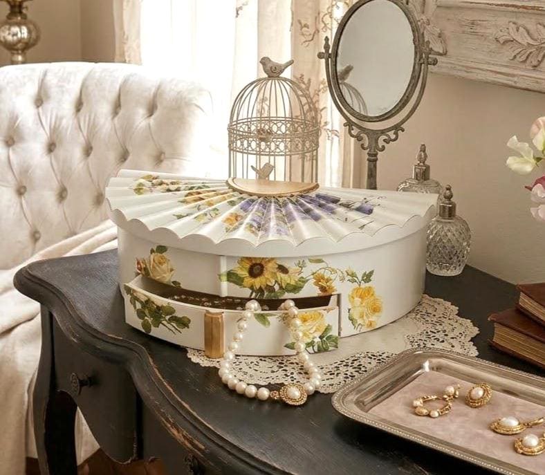 Fan Shaped Jewelry Box | Hand Painted Floral Vanity Organizer with Mirror