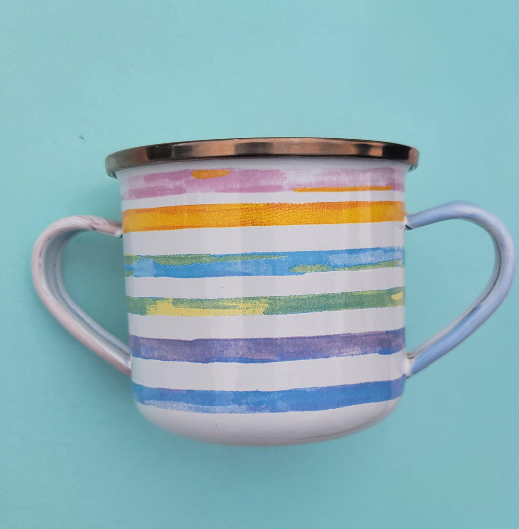 McKenzie Childs Pastel Striped Enamel Double Handle 8 Oz Cup
