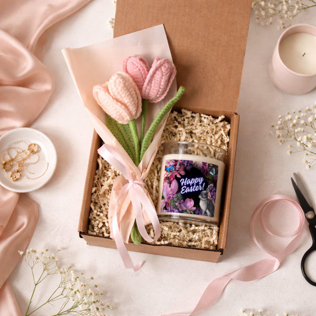 Easter Candle and Crocheted Flower Bouquet Gift Set | Soy Candle, Spring Décor