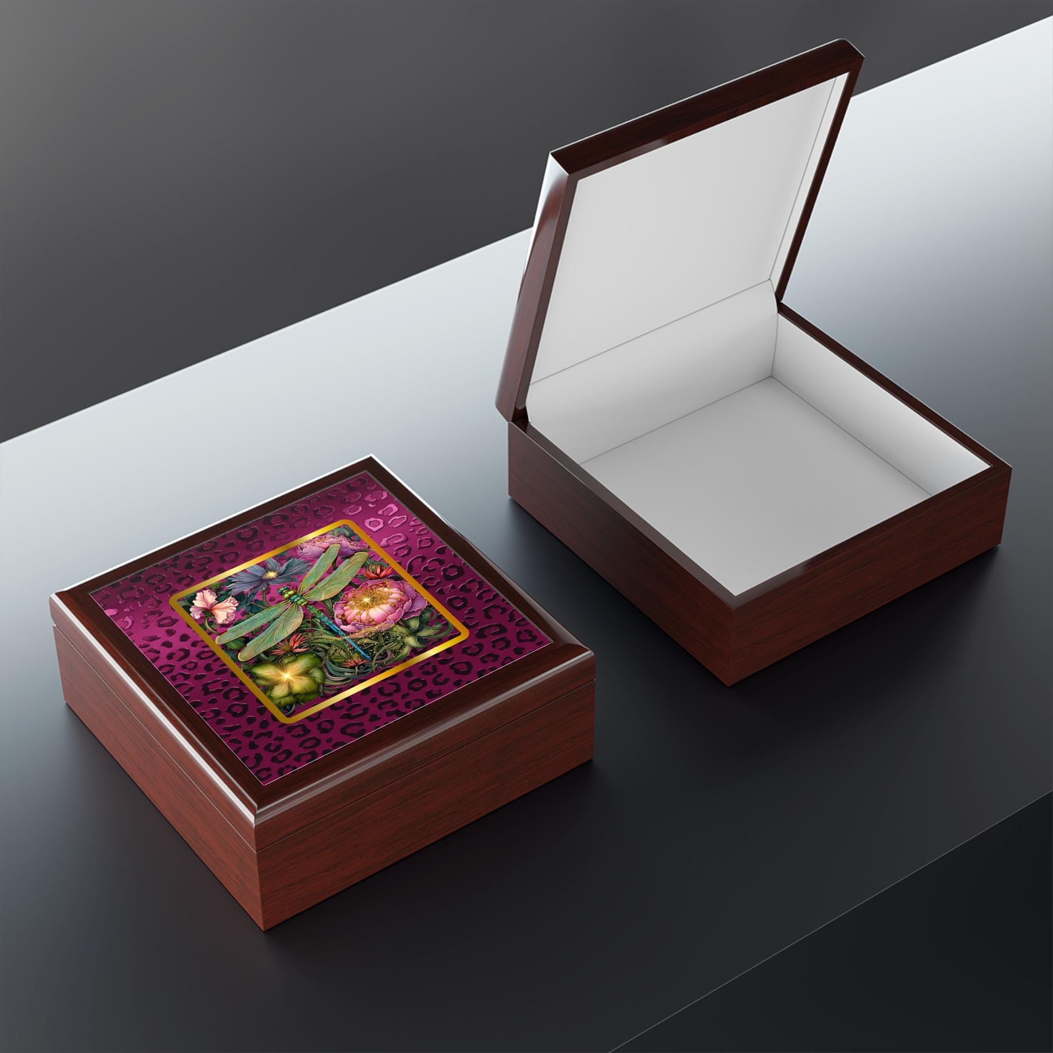 Magenta Leopard & Botanical Dragonfly Jewelry Box | Keepsake Vanity Organizer