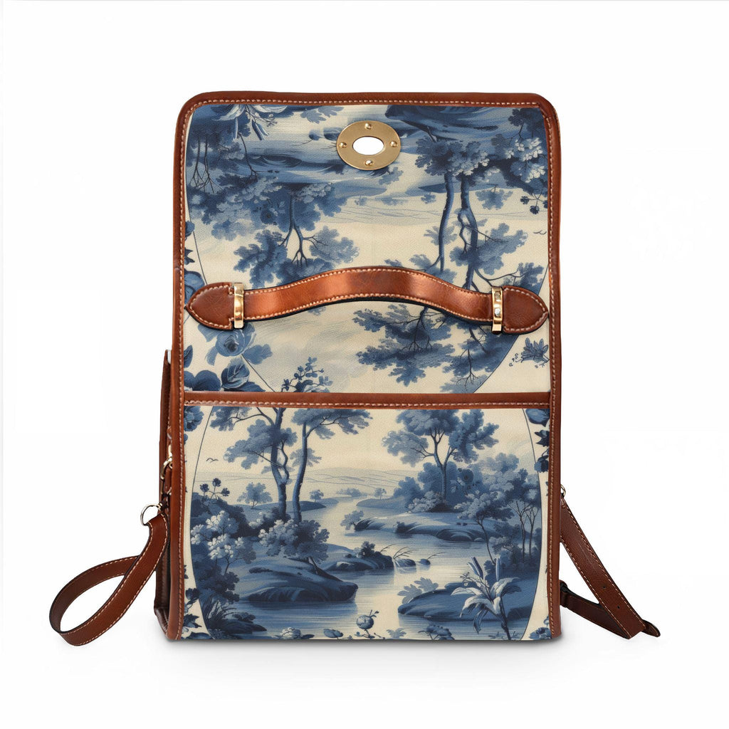 Blue Toile Landscape Waterproof Canvas Bag | Vintage Scenic Print