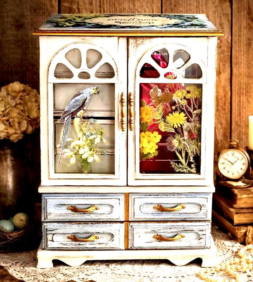 Floral Jewelry Box • Large Cottagecore Keepsake Box • Feminine Vanity Decor • Shabby Chic Gift for Her • Hand Embellish Jewelry Organizer