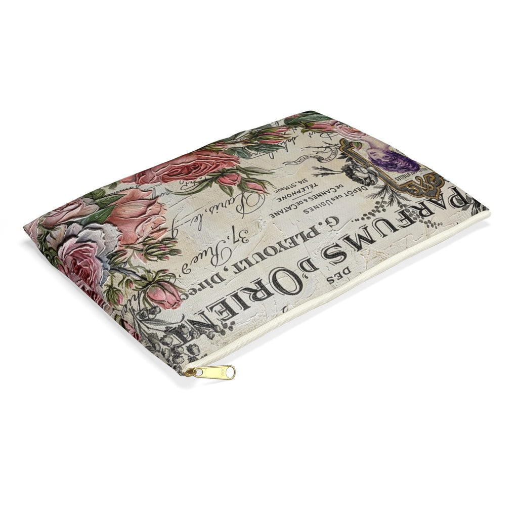 Vintage Roses Perfume Label Accessory Pouch | Floral Cosmetic Bag