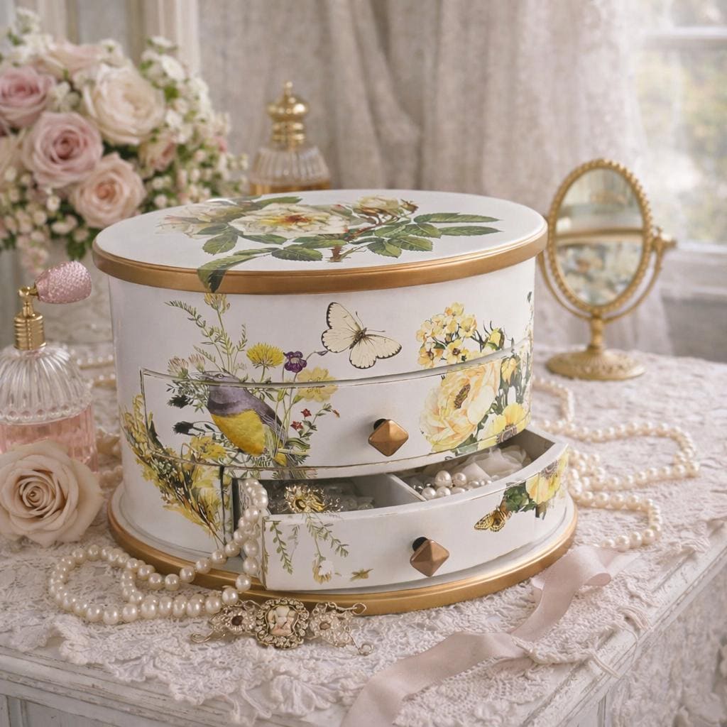 Oval Jewelry Box with Mirror | Hand-Painted Wooden Floral Bird Design, Vintage Vanity Chest