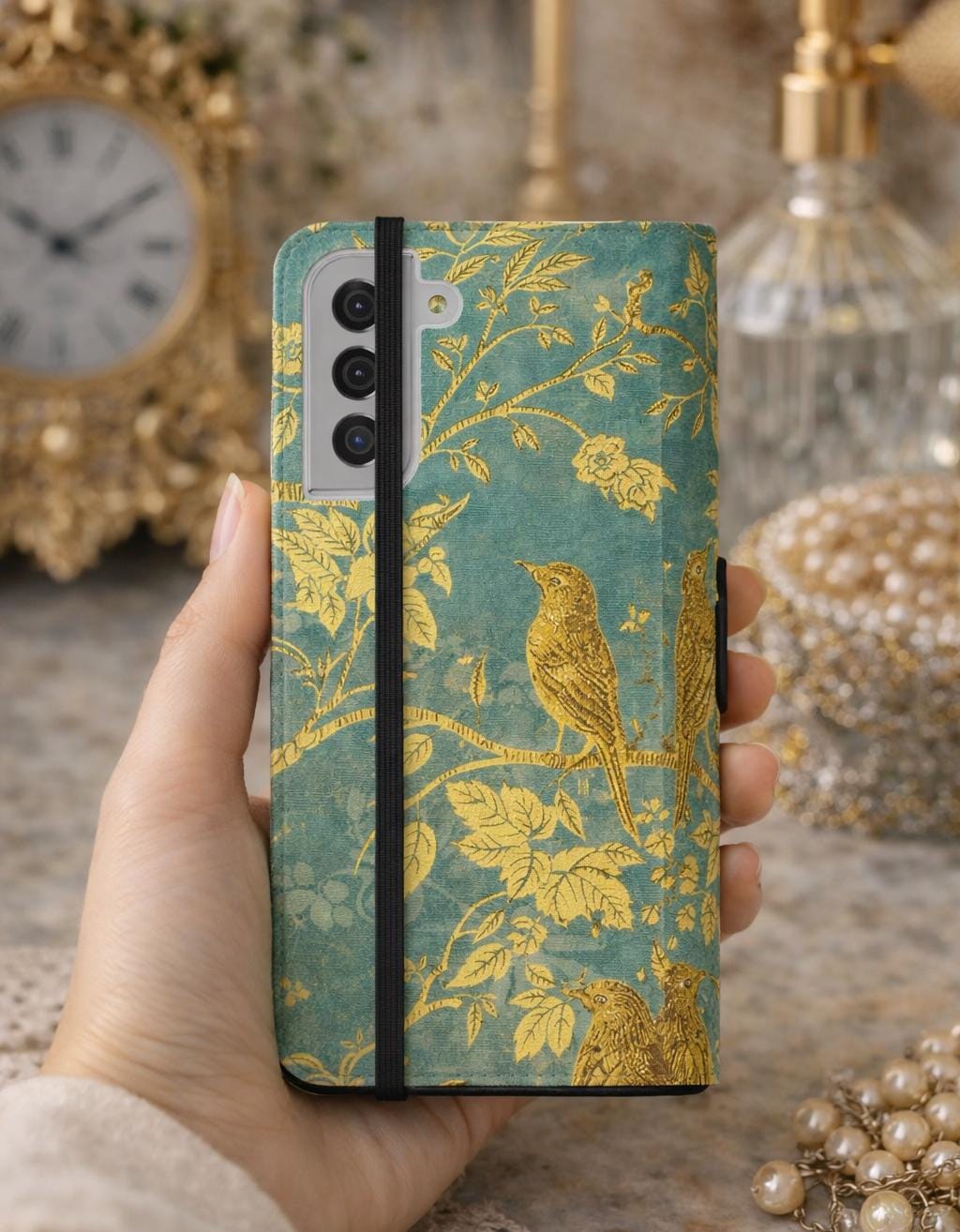 Floral Birds Faux Leather Phone Wallet Case Elegant Bookish Flip Case with Card Slots