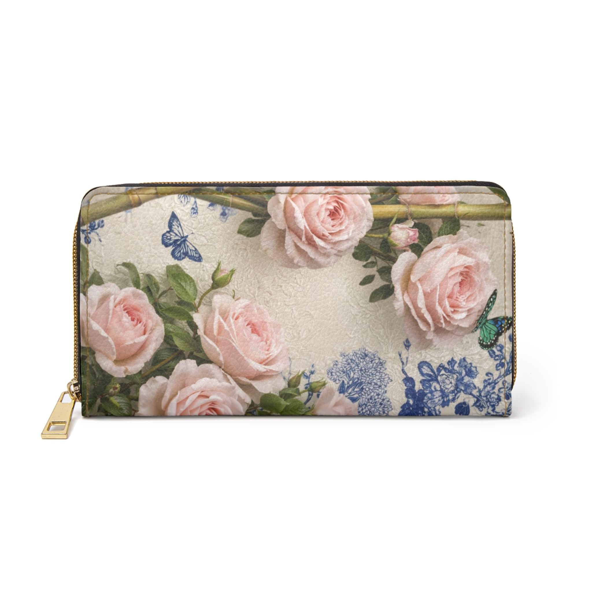 Pink Rose Bouquet Zipper Wallet | Floral Butterflies, Vintage Garden