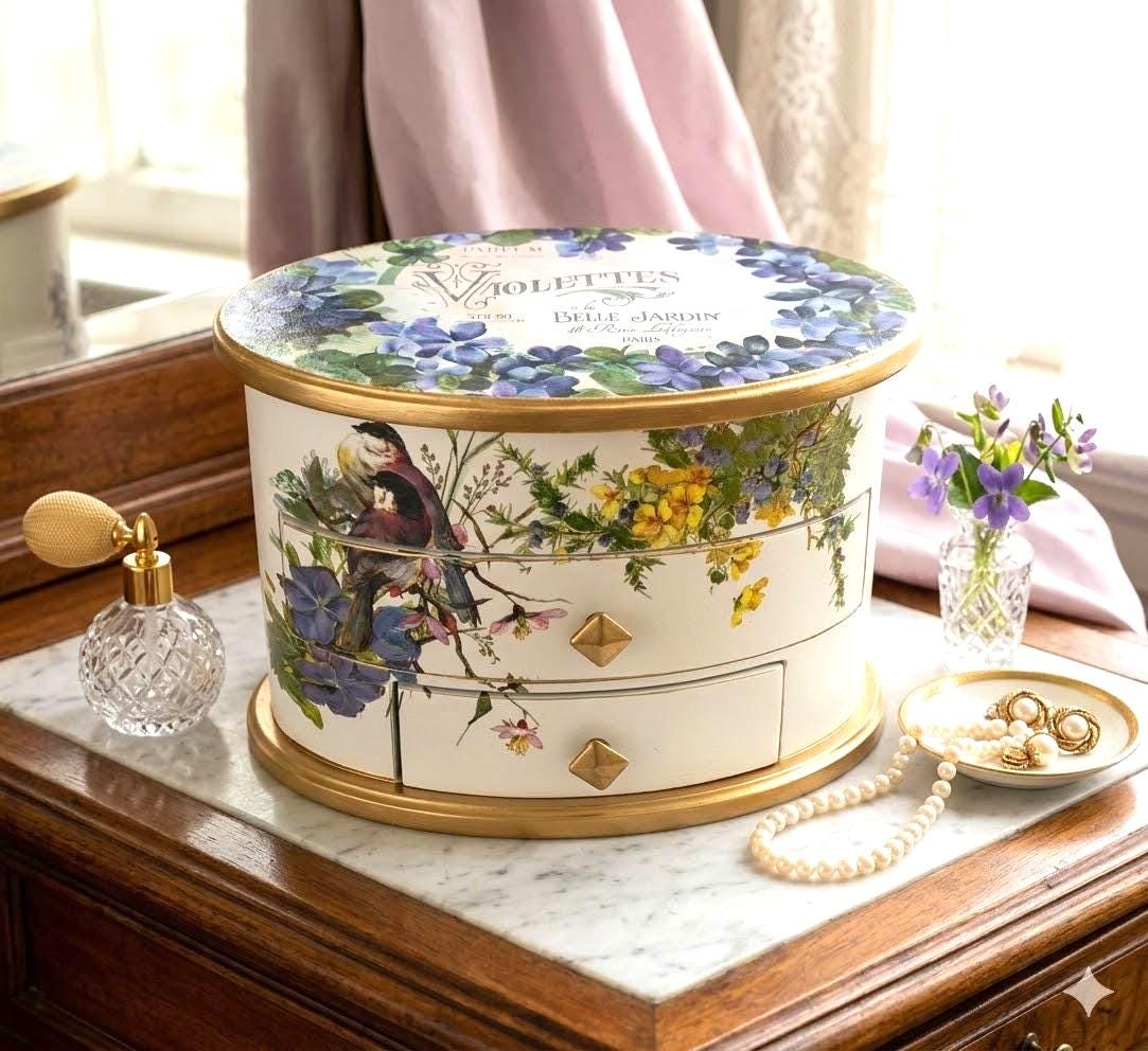 Oval Jewelry Box with Mirror | Decorated Wooden Floral Storage, Vintage French Label Vanity Chest