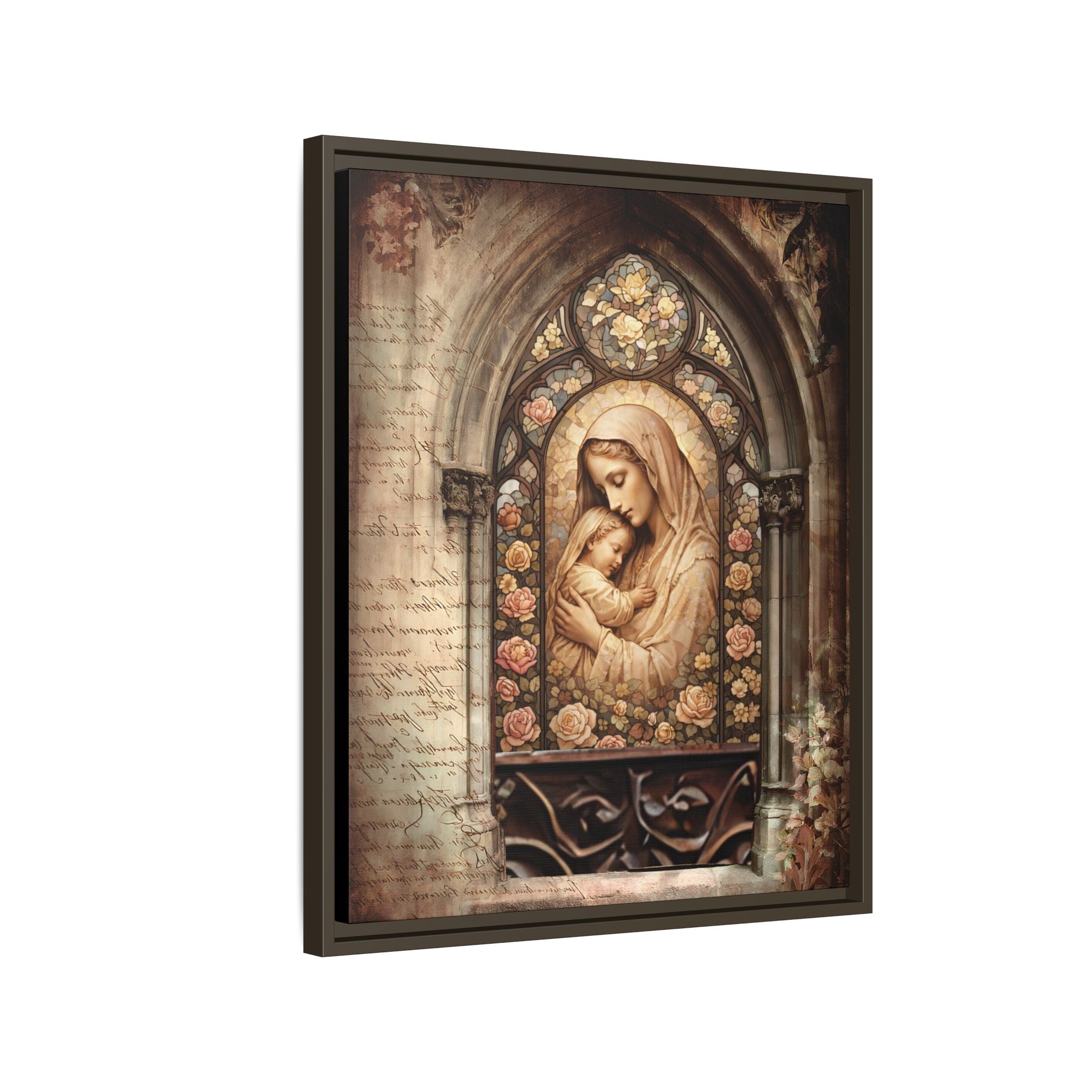 Gothic Window Madonna and Child Stained Glass Print Matte Canvas, Framed