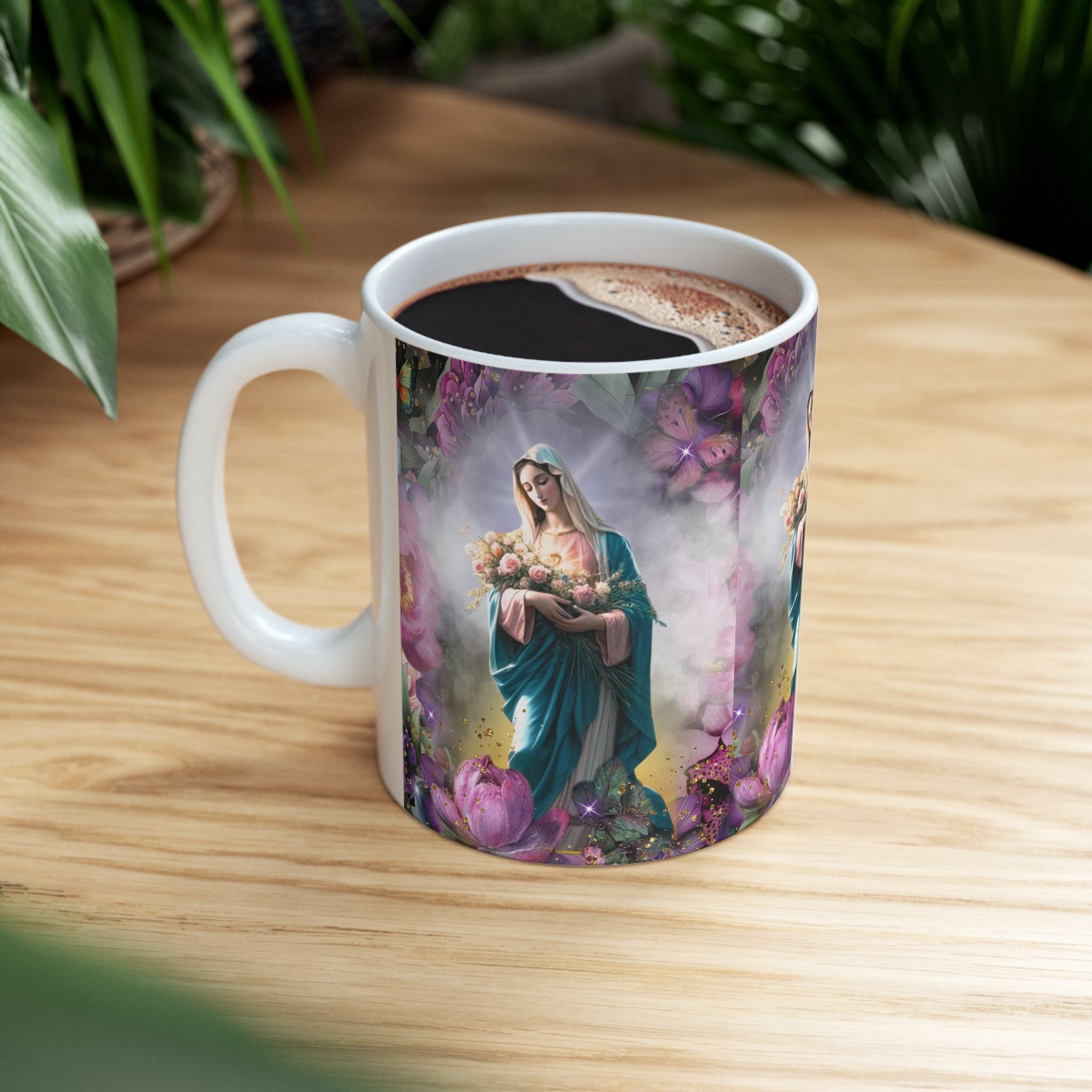 Virgin Mary Bouquet Mug | Religious Floral Coffee Cup