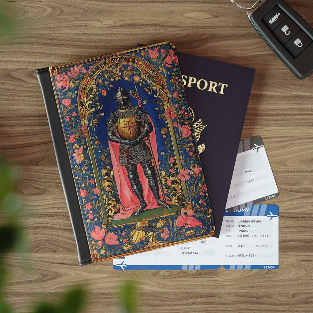 Medieval Knight Illustration Passport Cover | Heraldic Armor, Floral Border