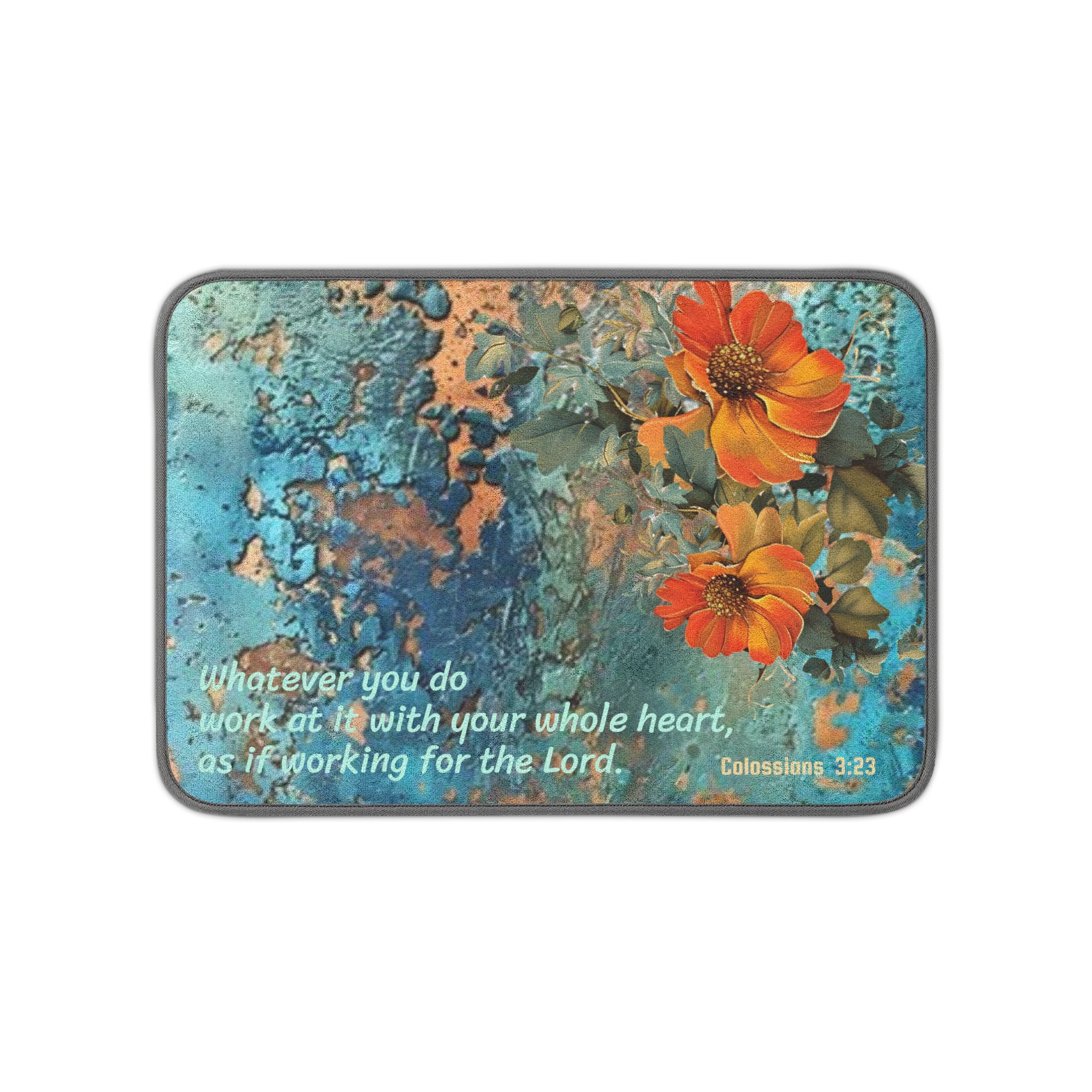 Scripture Wildflower petals & Weathered Teal Dish Mat | Microfiber Kitchen Mat | Cottage Christian Decor Gift